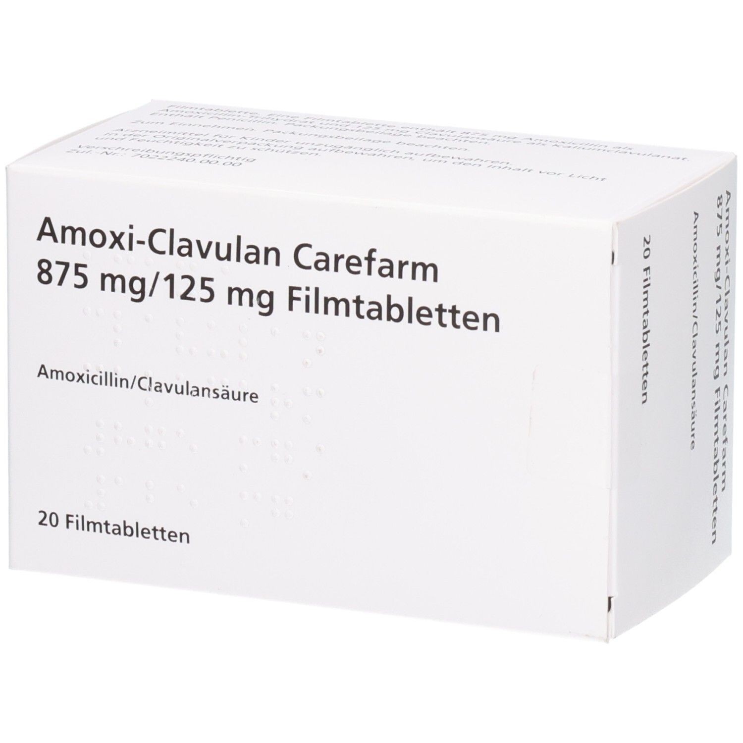 Weiße Arzneimittelverpackung. Beschriftung: Amoxi-Clavulan Carefarm 875 mg/125 mg Filmtabl. 20 Filmtabletten. Wirkstoff: Amoxicillin/Clavulansäure.
