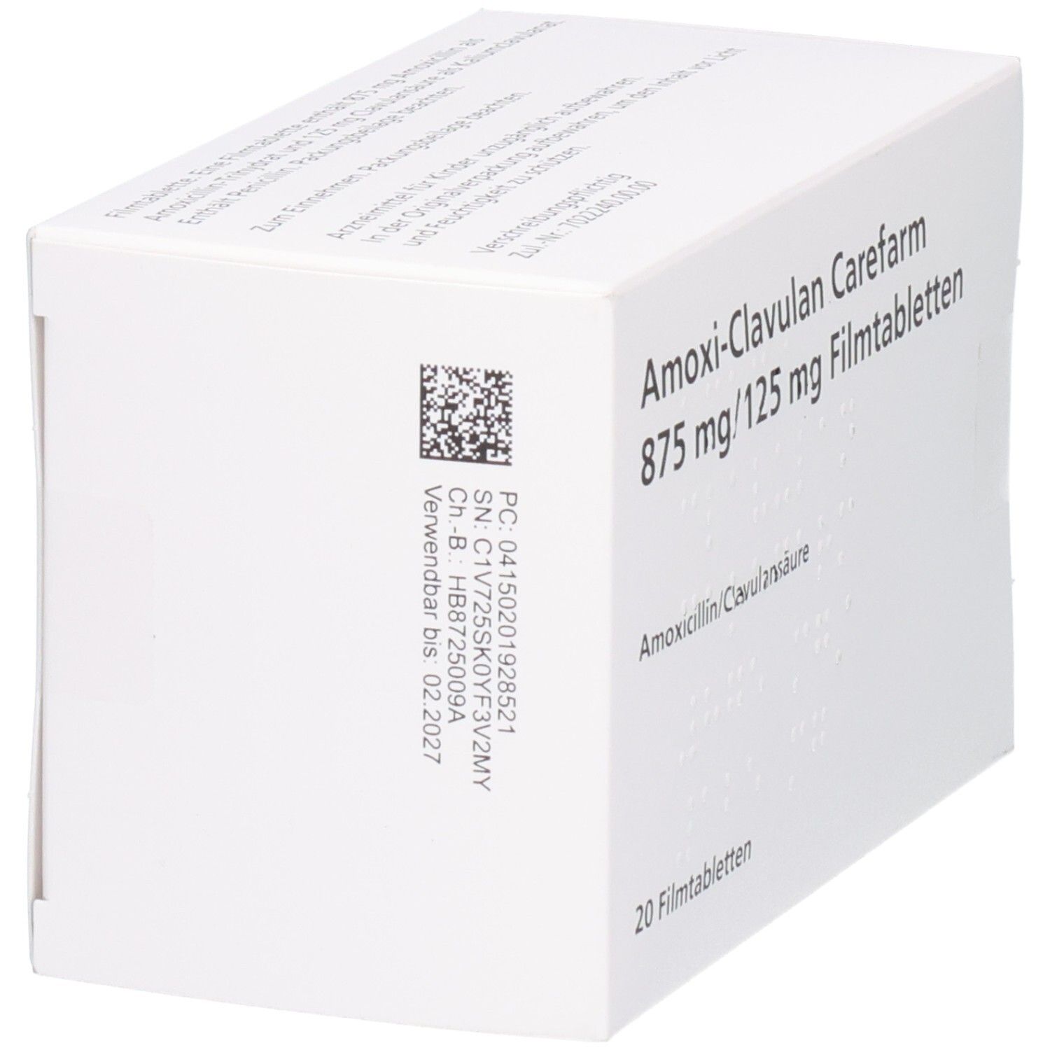 Weiße Arzneimittelverpackung. Beschriftung: Amoxi-Clavulan Carefarm 875 mg/125 mg Filmtabl. 20 Filmtabletten. QR-Code und Chargennummer.