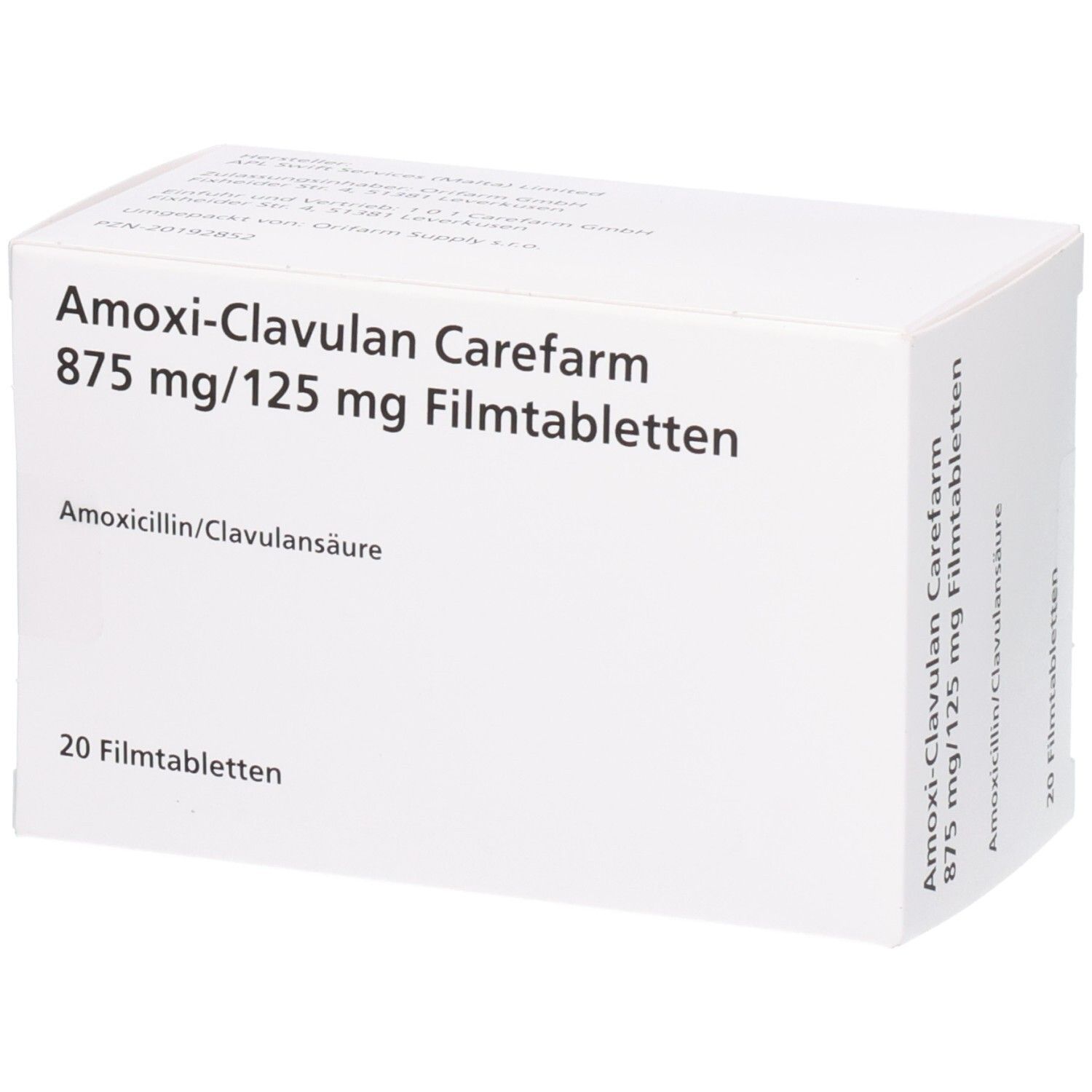 Weiße Arzneimittelverpackung. Beschriftung: Amoxi-Clavulan Carefarm 875 mg/125 mg Filmtabl. 20 Filmtabletten. Wirkstoff: Amoxicillin/Clavulansäure.