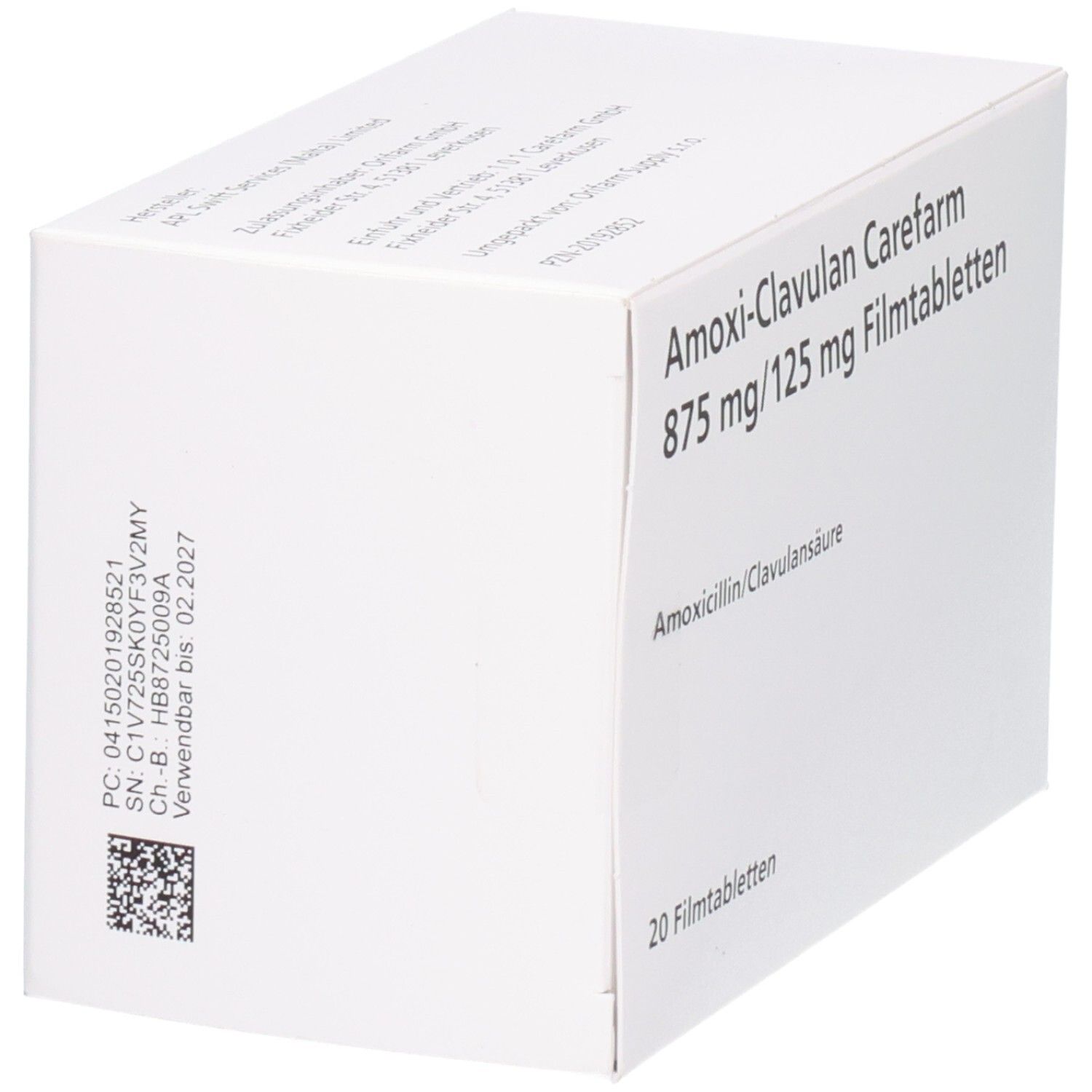 Weiße Arzneimittelverpackung. Beschriftung: Amoxi-Clavulan Carefarm 875 mg/125 mg Filmtabl. 20 Filmtabletten. QR-Code und Chargennummer.