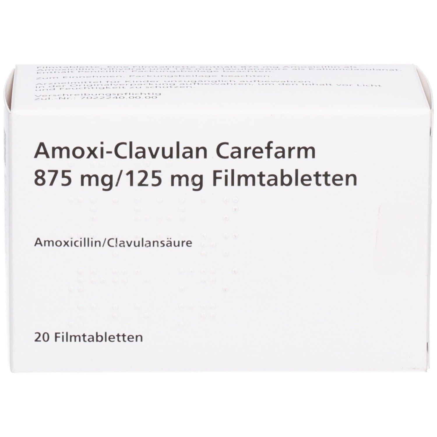 Weiße Arzneimittelverpackung. Beschriftung: Amoxi-Clavulan Carefarm 875 mg/125 mg Filmtabl. 20 Filmtabletten. Wirkstoff: Amoxicillin/Clavulansäure.