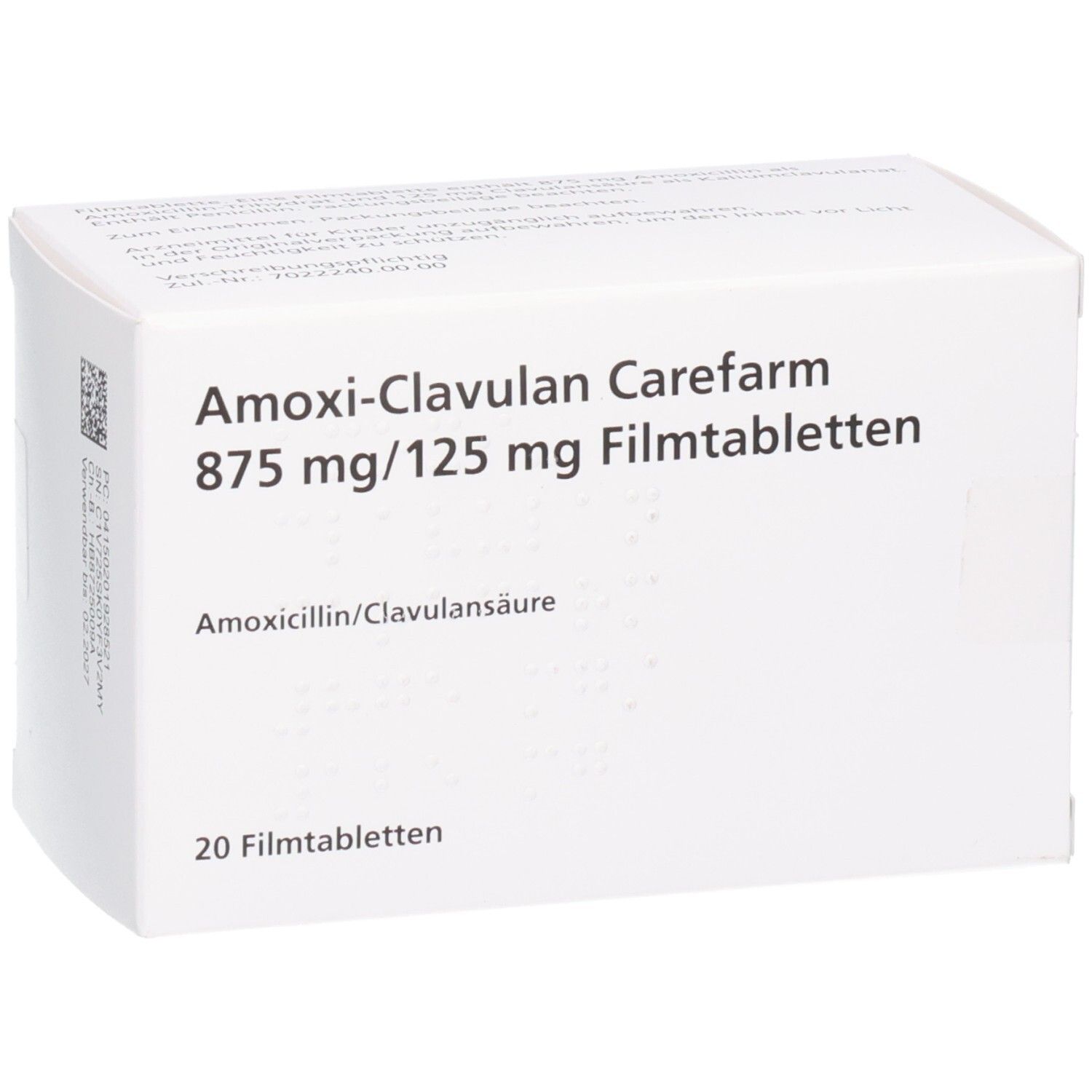 Weiße Arzneimittelverpackung. Beschriftung: Amoxi-Clavulan Carefarm 875 mg/125 mg Filmtabl. 20 Filmtabletten. Wirkstoff: Amoxicillin/Clavulansäure.