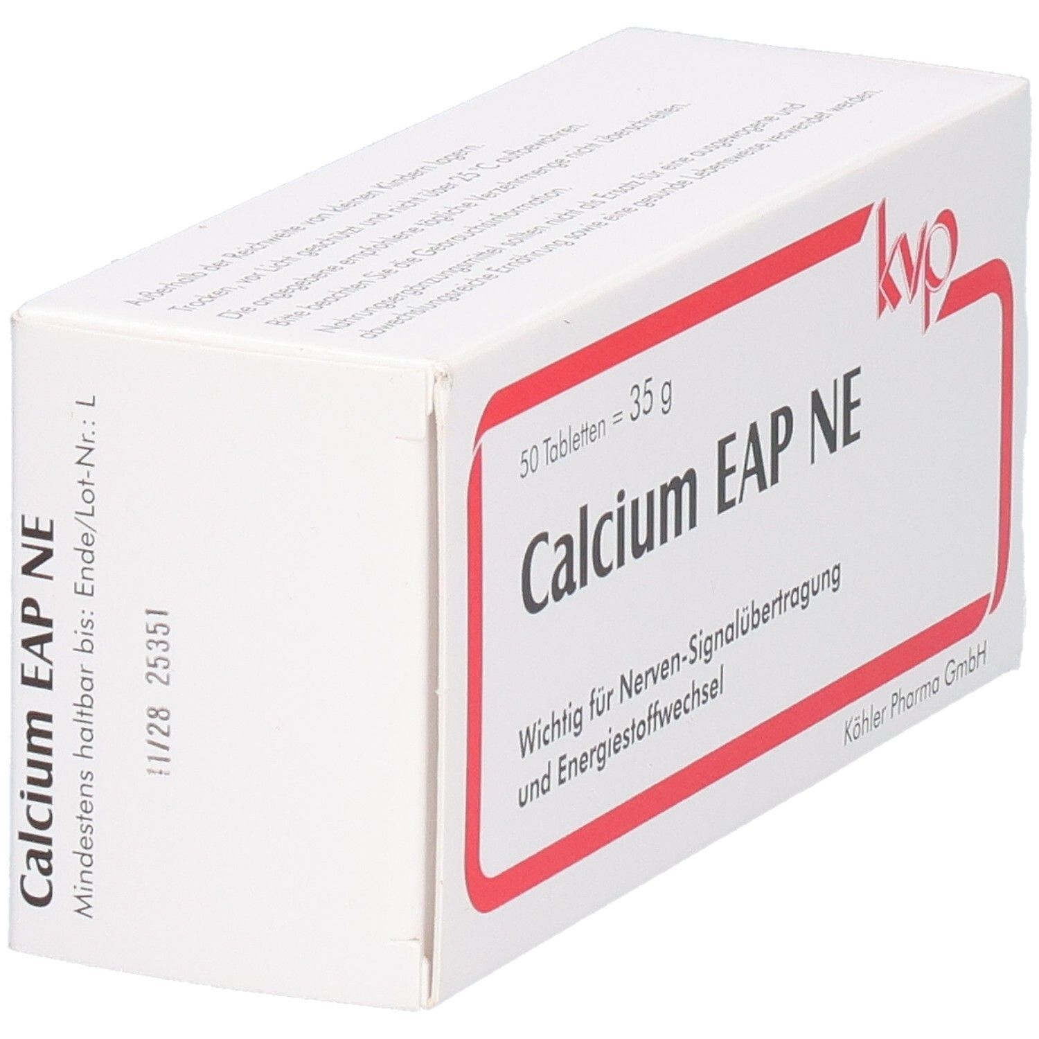 Weiße Schachtel mit rotem Rahmen. Aufschrift: Calcium EAP NE, 50 Tabletten, 35 g. Mindestens haltbar bis: 11/28 25351.