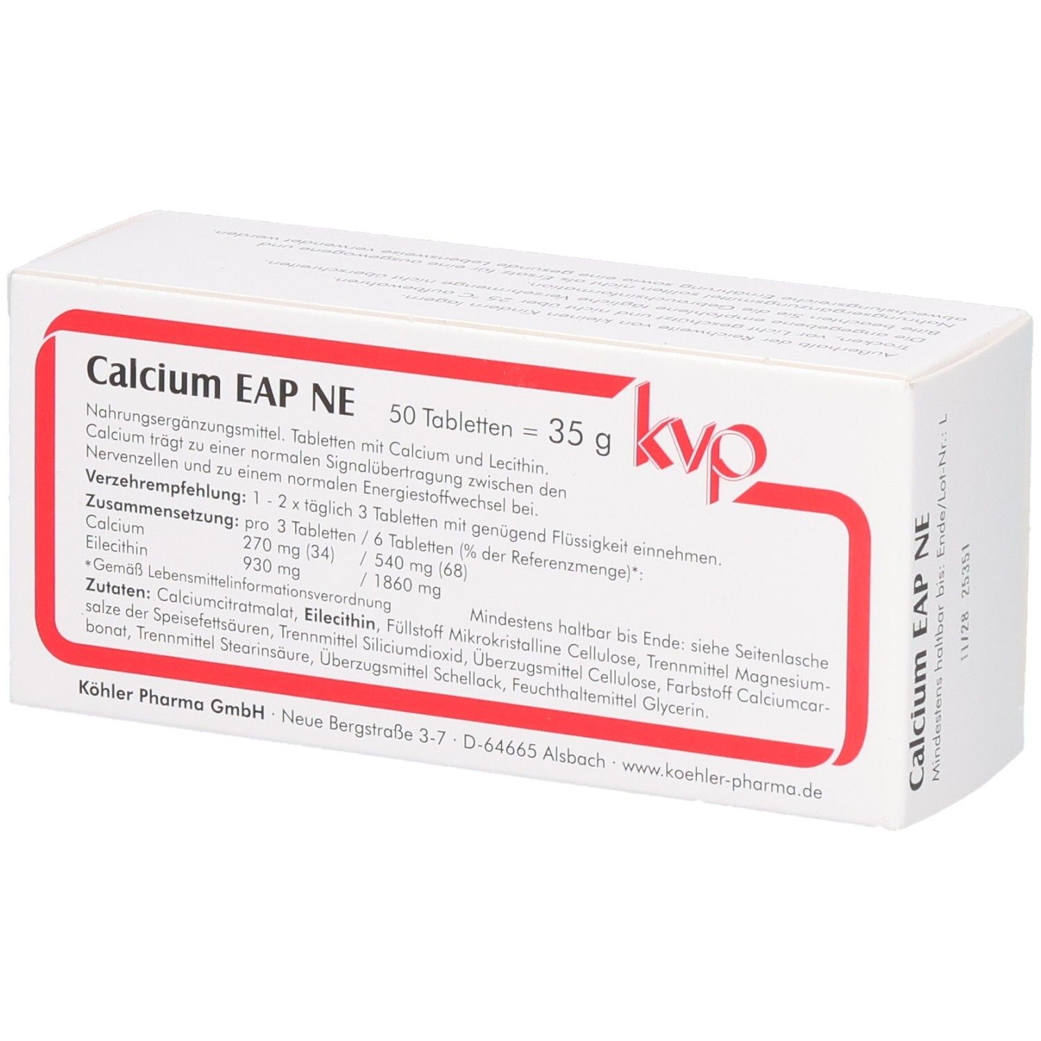 Weiße Schachtel mit rotem Rahmen. Aufschrift: Calcium EAP NE, 50 Tabletten, 35 g. Zusammensetzung, Verzehrempfehlung, Zutaten.