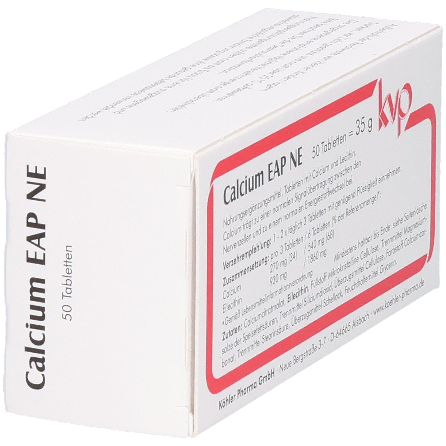 Weiße Schachtel mit rotem Rahmen. Aufschrift: Calcium EAP NE, 50 Tabletten, 35 g. Zusammensetzung, Verzehrempfehlung, Zutaten.