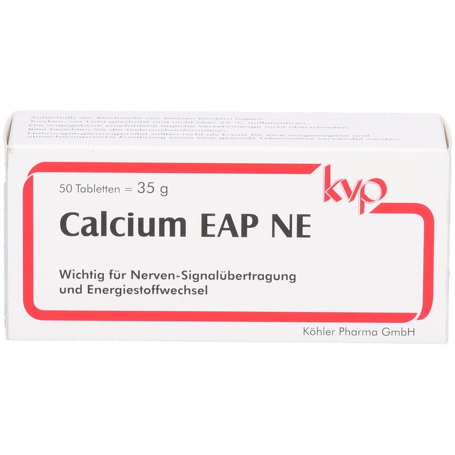 Weiße Schachtel mit rotem Rahmen. Aufschrift: Calcium EAP NE, 50 Tabletten, 35 g. Wichtig für Nerven-Signalübertragung und Energiestoffwechsel.