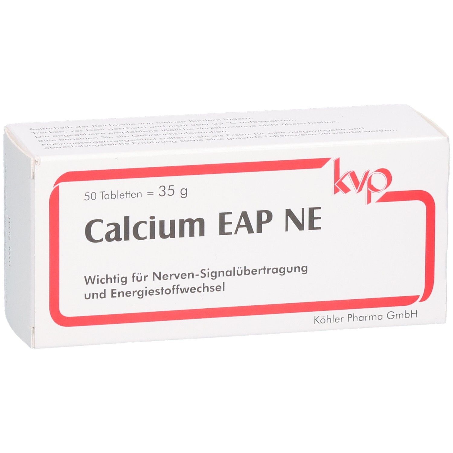 Weiße Schachtel mit rotem Rahmen. Aufschrift: Calcium EAP NE, 50 Tabletten, 35 g. Wichtig für Nerven-Signalübertragung und Energiestoffwechsel.