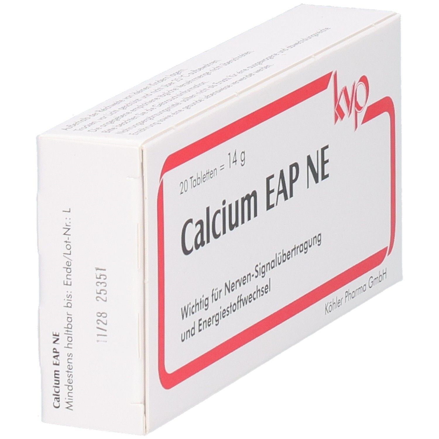Schachtel Calcium EAP NE, weiß mit rotem Rahmen. Aufschrift: 20 Tabletten, 14 g. Mindestens haltbar bis 11/28 25351.