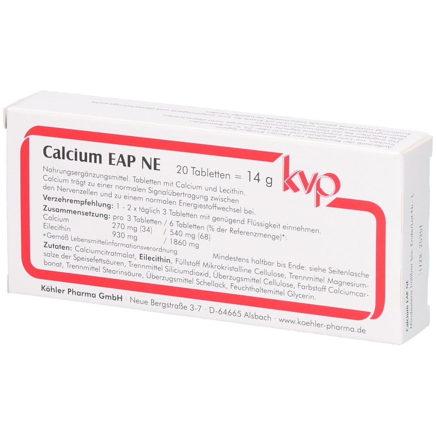 Schachtel Calcium EAP NE, weiß mit rotem Rahmen. Aufschrift: 20 Tabletten, 14 g. Inhaltsstoffe und Verzehrempfehlung.