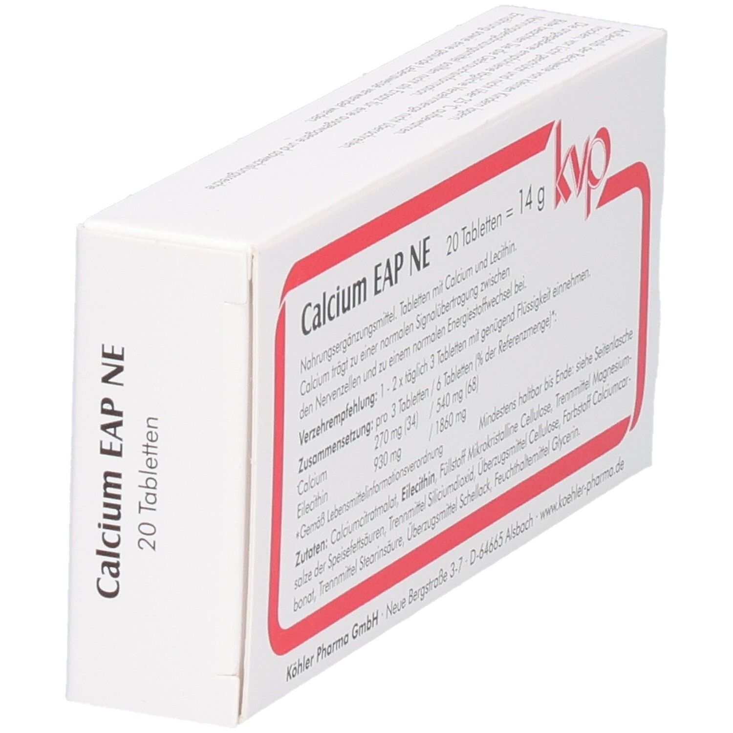 Schachtel Calcium EAP NE, weiß mit rotem Rahmen. Aufschrift: 20 Tabletten. Inhaltsstoffe und Verzehrempfehlung.