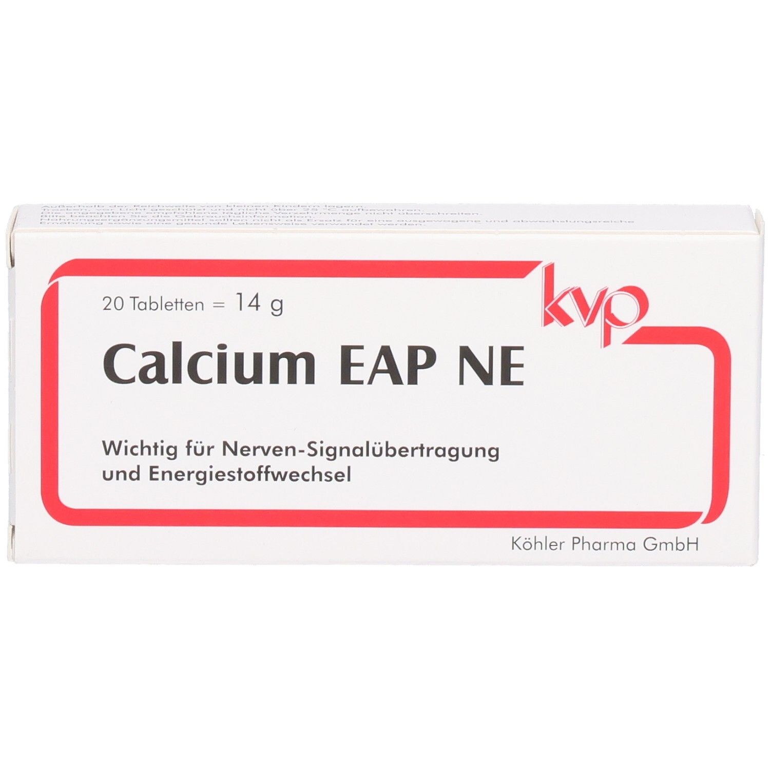 Weiße Schachtel mit rotem Rahmen. Aufschrift: Calcium EAP NE, 20 Tabletten, 14 g. Wichtig für Nerven-Signalübertragung.