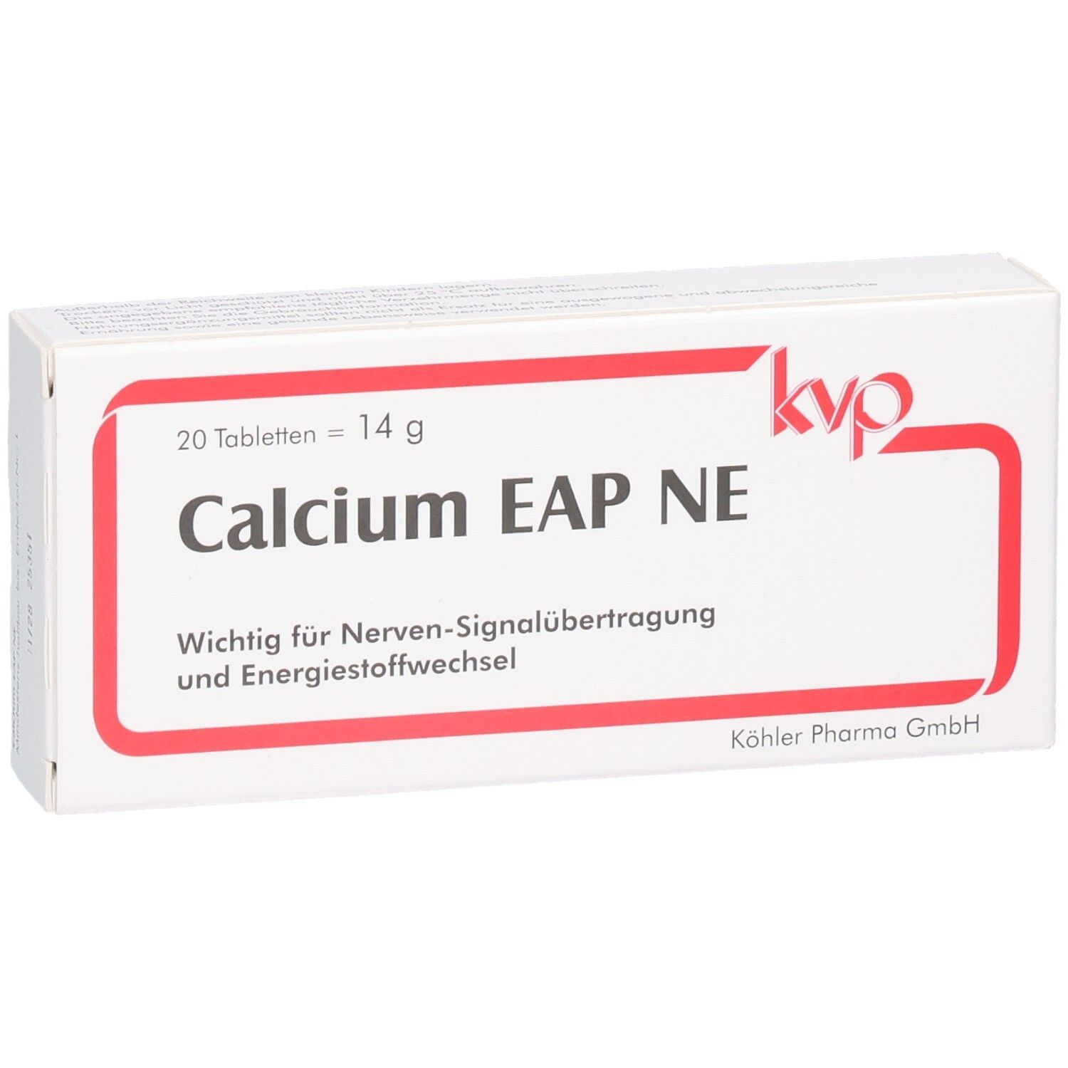 Weiße Schachtel mit rotem Rahmen. Aufschrift: Calcium EAP NE, 20 Tabletten, 14 g. Wichtig für Nerven-Signalübertragung.
