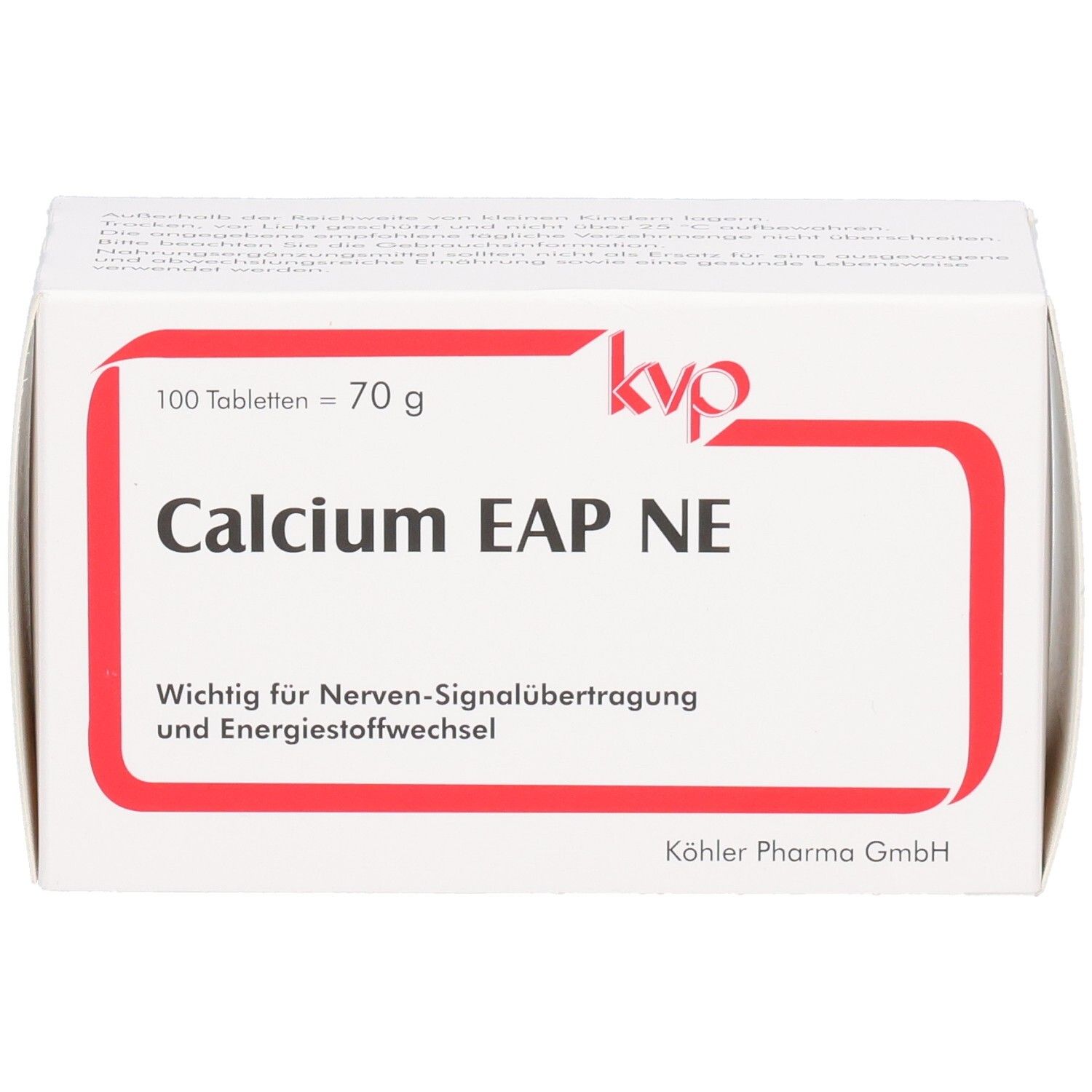 Weiße Schachtel mit rotem Rahmen. Aufschrift: Calcium EAP NE, 100 Tabletten, kvp Logo. Text: Wichtig für Nerven-Signalübertragung.