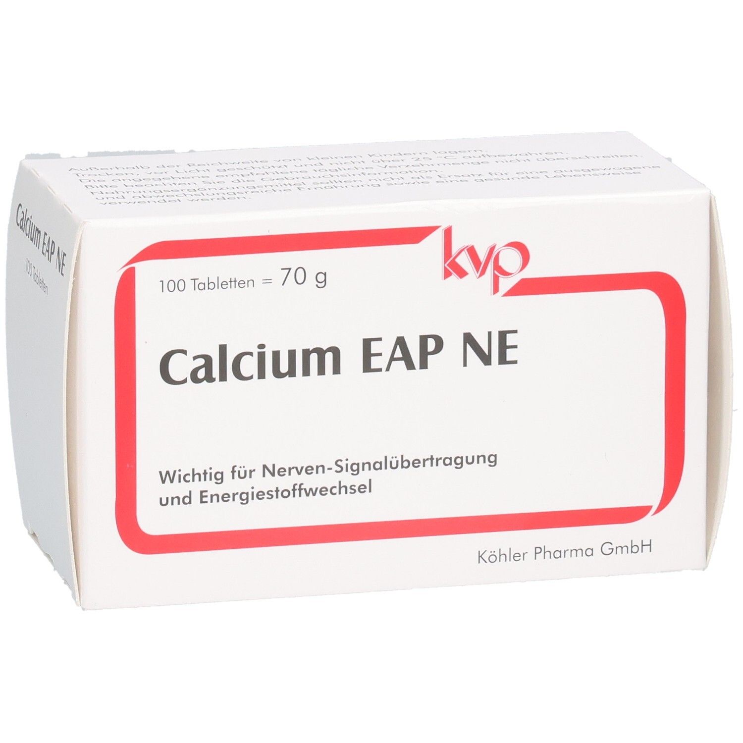 Weiße Schachtel mit rotem Rahmen. Aufschrift: Calcium EAP NE, 100 Tabletten, kvp Logo. Schachtel leicht schräg.