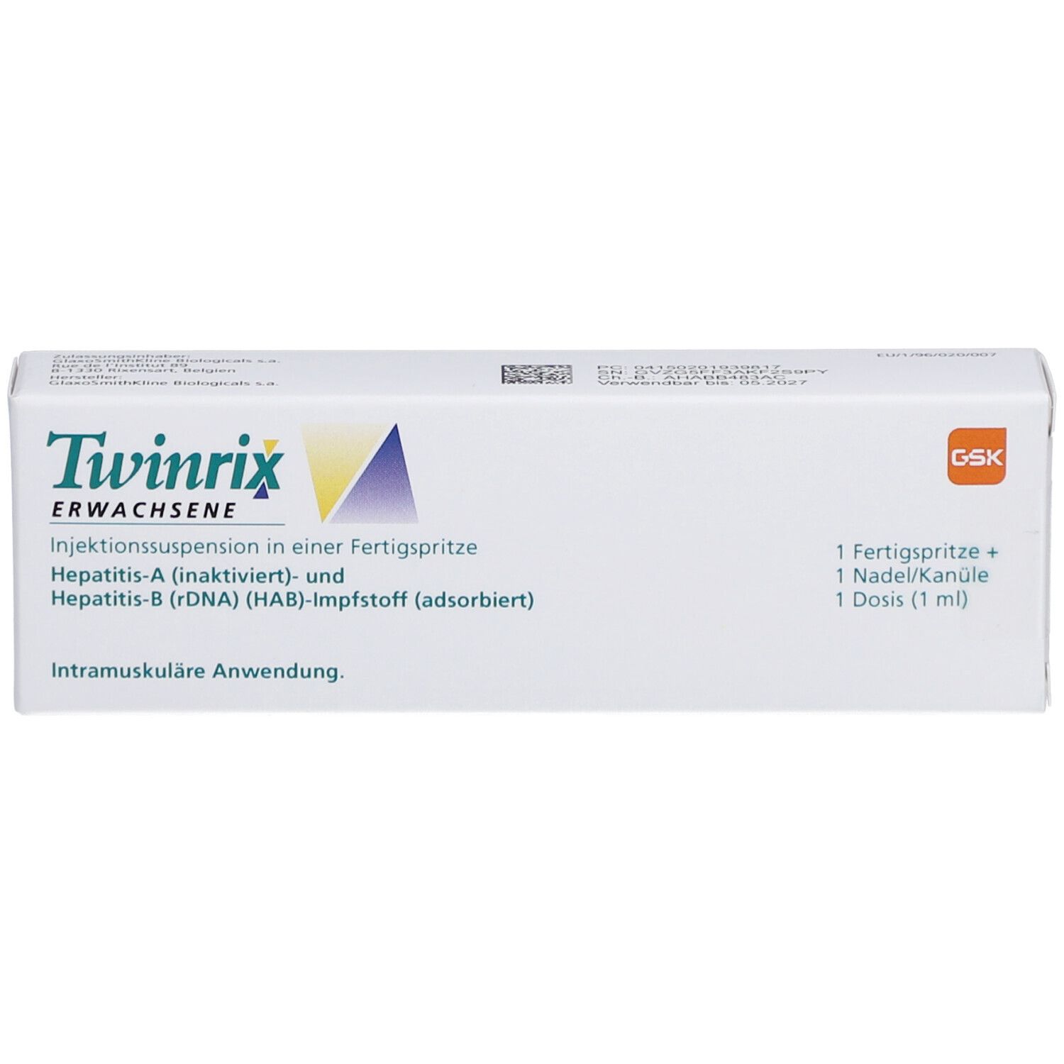 Weiße Verpackung mit Produktnamen Twinrix. Text: Injektionssuspension, Hepatitis-A und B Impfstoff. Enthält Fertigspritze, Nadel/Kanüle, 1 Dosis (1 ml).