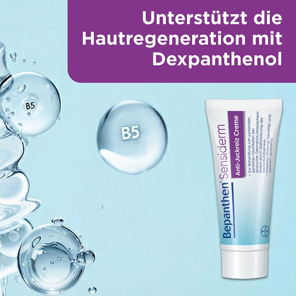 Hautregeneration mit Dexpanthenol, B5 Moleküle, Bepanthen Sensiderm Creme.
