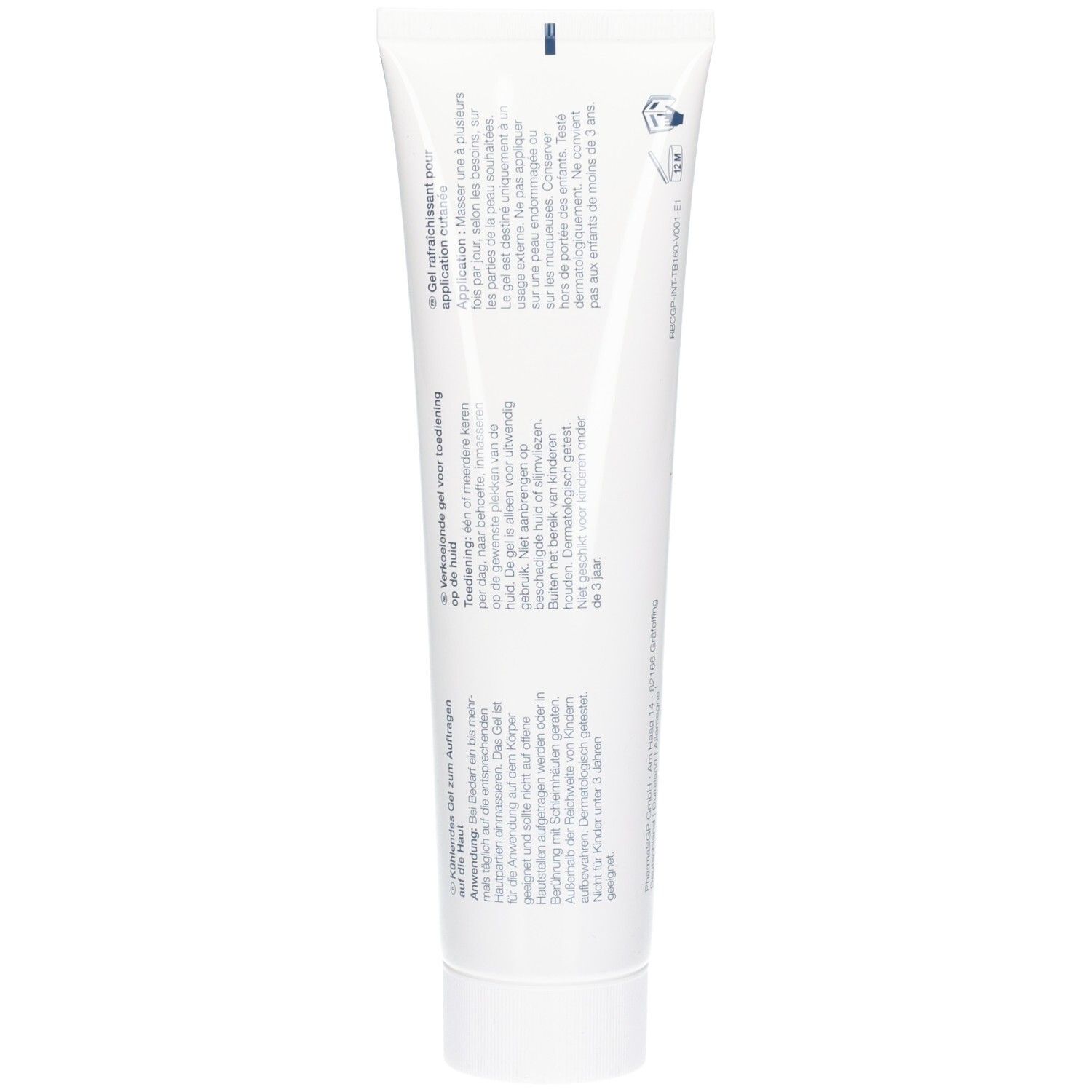 Rückseite einer Tube RubaXX CBD Gel Plus mit Anwendungshinweisen und Siegeln.