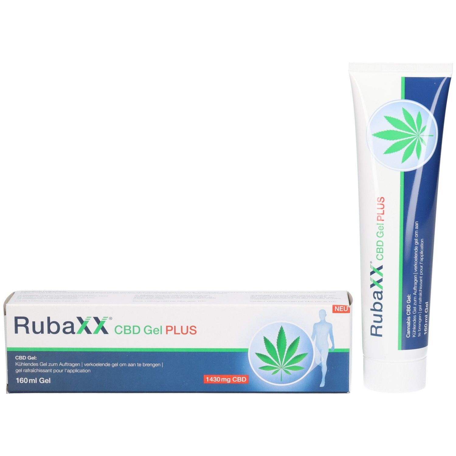 RubaXX CBD Gel Plus Tube und Faltschachtel mit Hanfblatt-Symbol und stilisierter Figur.