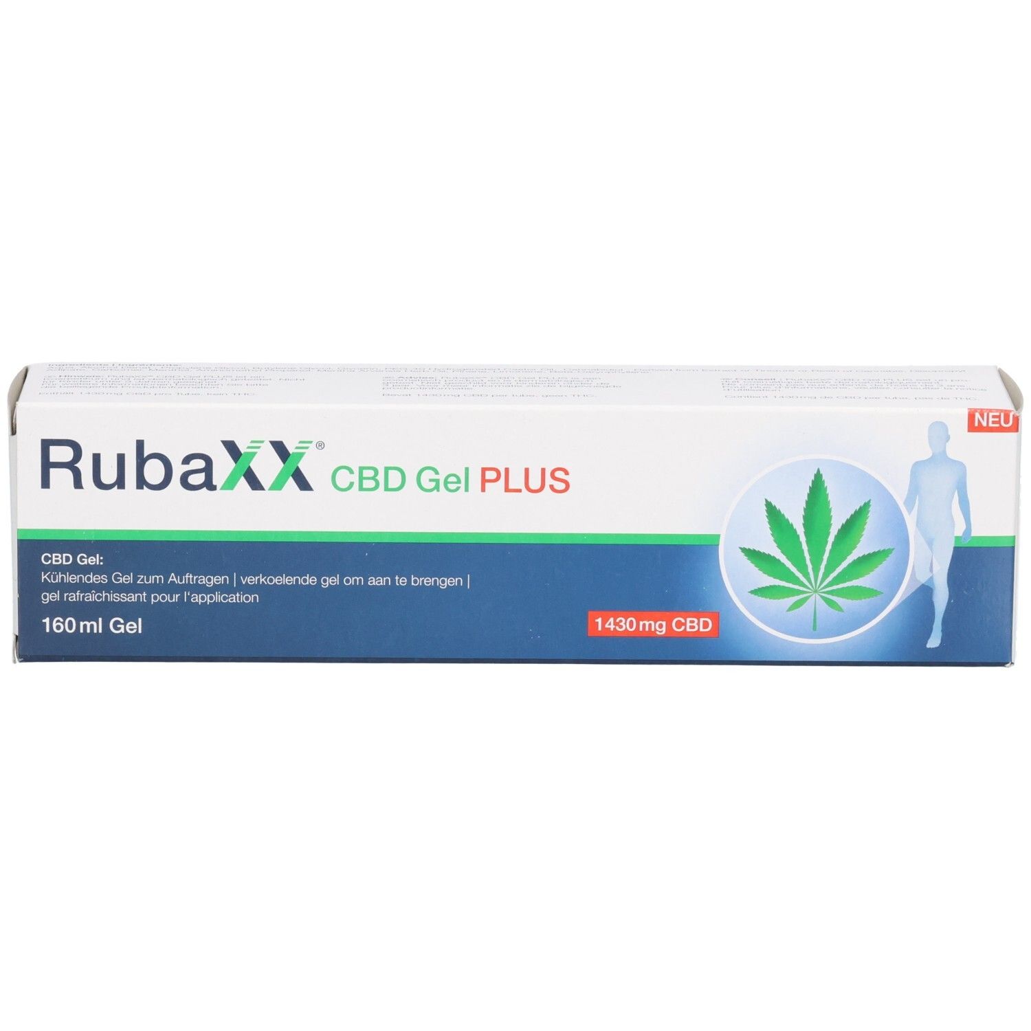 Faltschachtel RubaXX CBD Gel Plus mit Hanfblatt-Symbol, stilisierter Figur und Text.