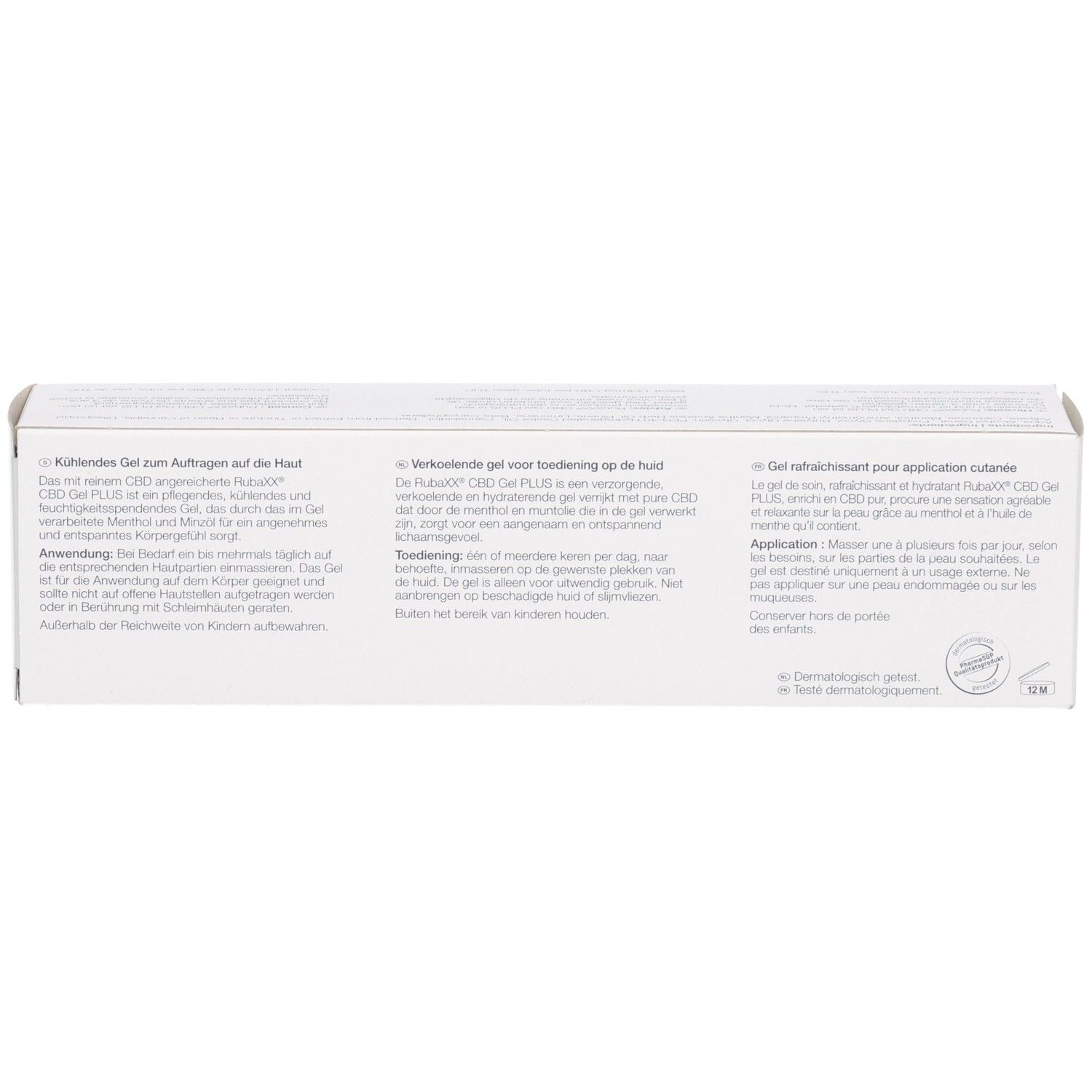 Oberseite einer Faltschachtel RubaXX CBD Gel Plus mit mehrsprachigen Anwendungshinweisen.