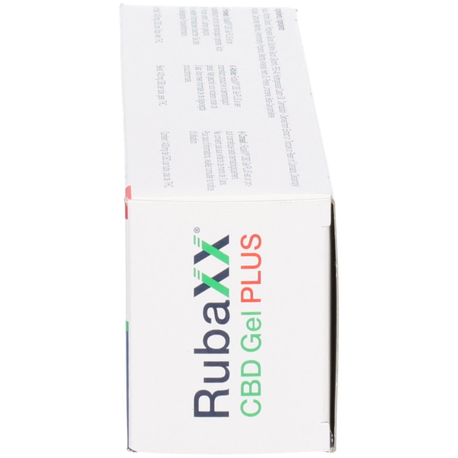 Vorderseite einer Faltschachtel RubaXX CBD Gel Plus mit Logo und Produktnamen.