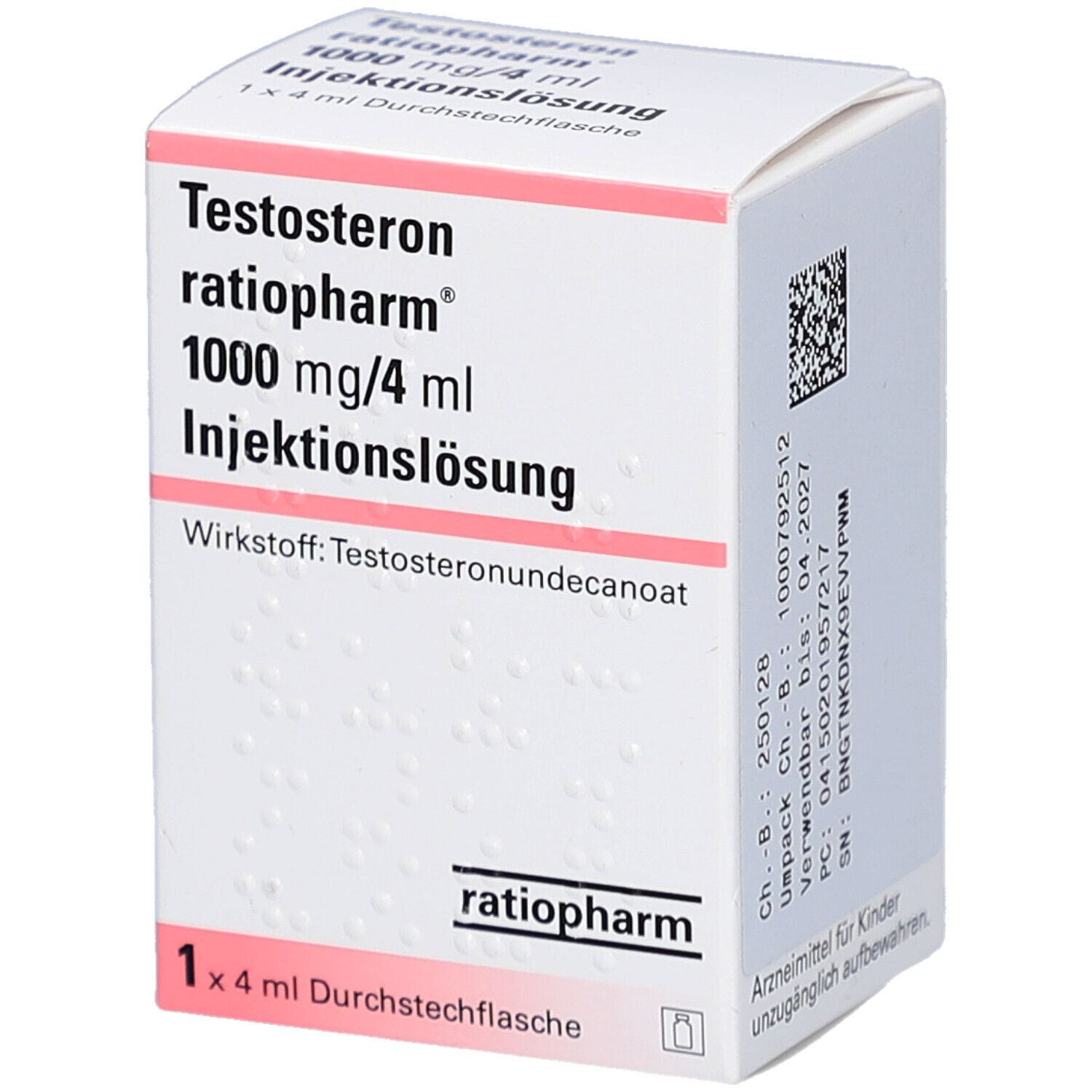 Karton mit Produktinformationen. Aufschrift: Testosteron ratiopharm 1000 mg/4 ml Injektionslösung. 1 x 4 ml Durchstechflasche.