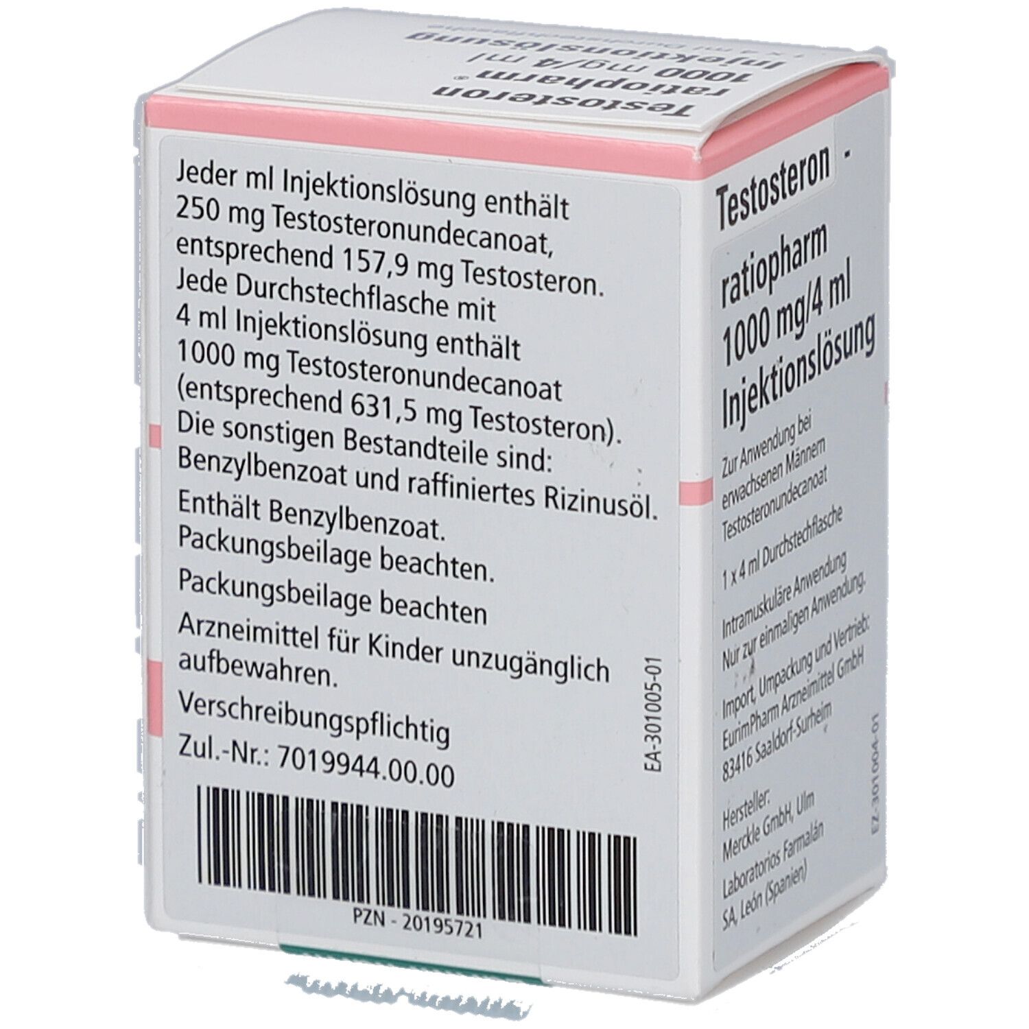 Karton mit Produktinformationen. Aufschrift: Testosteron ratiopharm 1000 mg/4 ml Injektionslösung. Detailansicht der Rückseite mit Inhaltsstoffen.