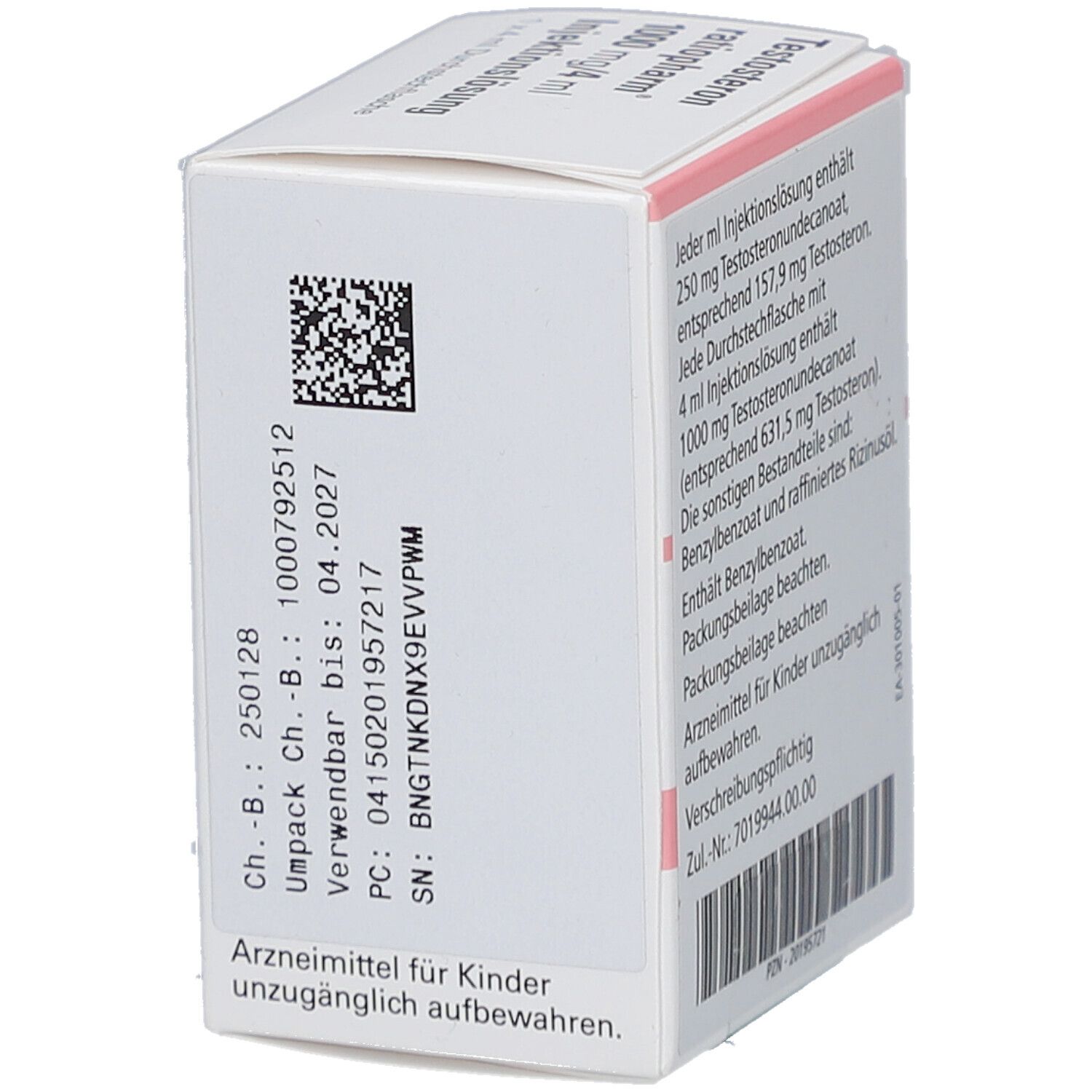 Karton mit Produktinformationen. Aufschrift: Testosteron ratiopharm 1000 mg/4 ml Injektionslösung. Detailansicht der Rückseite mit Chargennummer.
