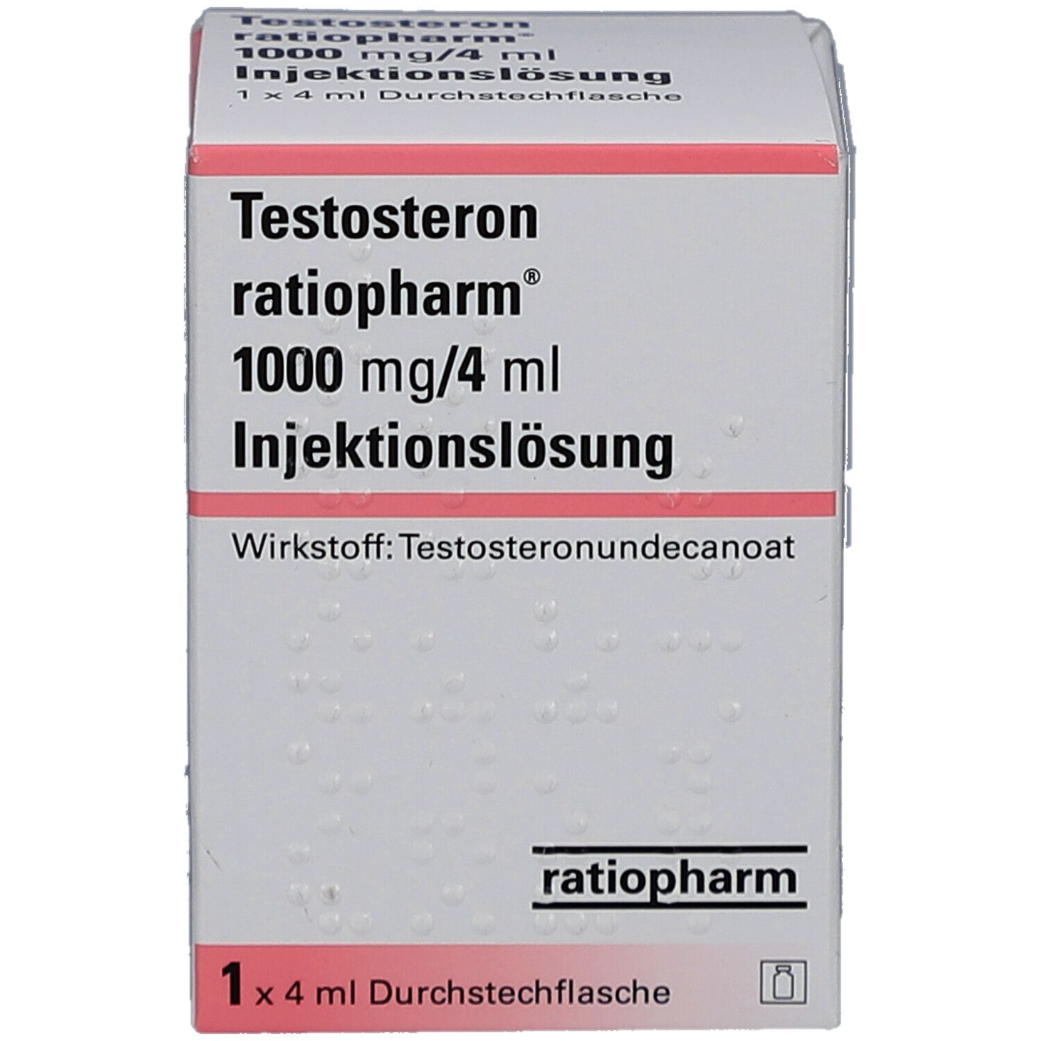 Karton mit Produktinformationen. Aufschrift: Testosteron ratiopharm 1000 mg/4 ml Injektionslösung. 1 x 4 ml Durchstechflasche. Frontalansicht.
