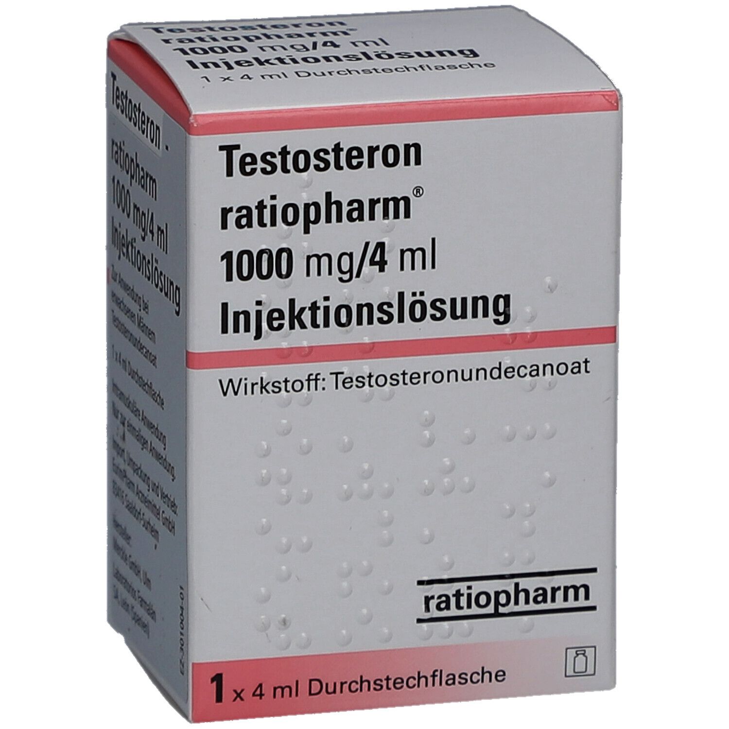 Karton mit Produktinformationen. Aufschrift: Testosteron ratiopharm 1000 mg/4 ml Injektionslösung. 1 x 4 ml Durchstechflasche. Schräge Ansicht.