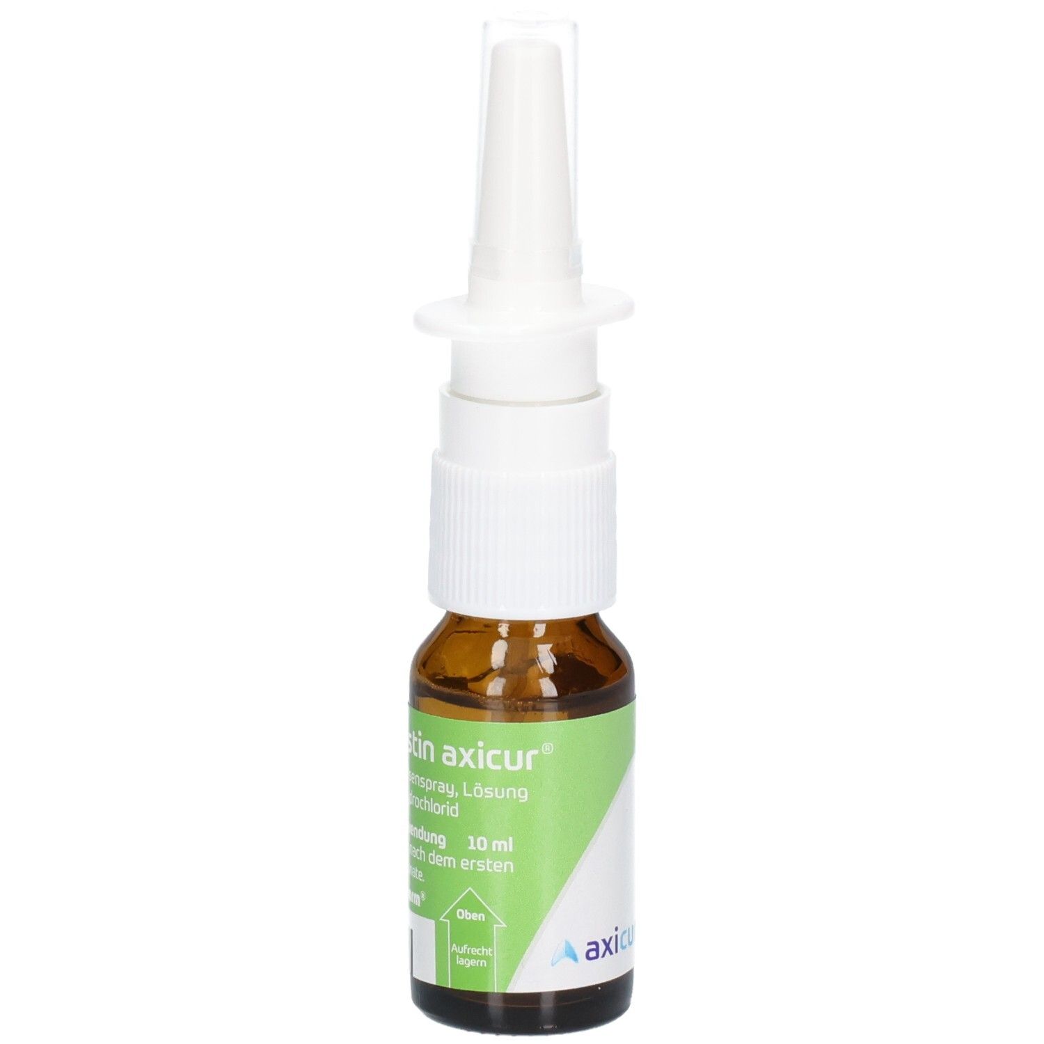 Braune Glasflasche mit weißem Nasenspray-Aufsatz. Aufschrift: Azelastin axicur, 1 mg/ml Nasenspray Lösung, 10 ml.