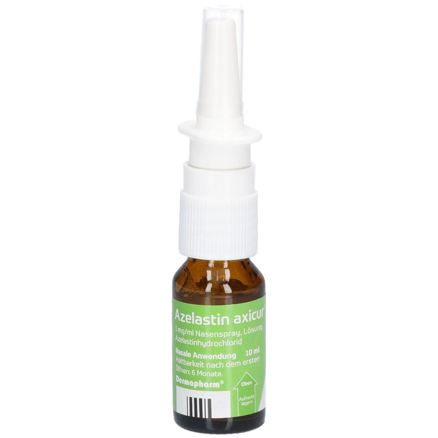 Braune Glasflasche mit weißem Nasenspray-Aufsatz. Aufschrift: Azelastin axicur, 1 mg/ml Nasenspray Lösung, 10 ml.