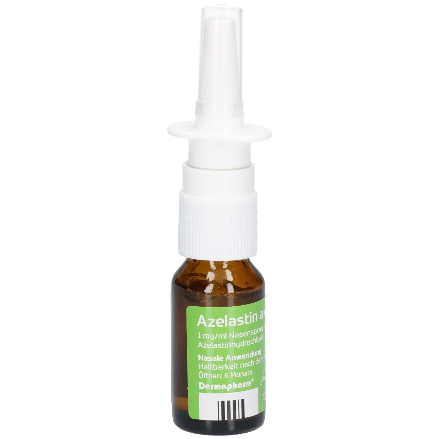 Braune Glasflasche mit weißem Nasenspray-Aufsatz. Aufschrift: Azelastin axicur, 1 mg/ml Nasenspray Lösung.