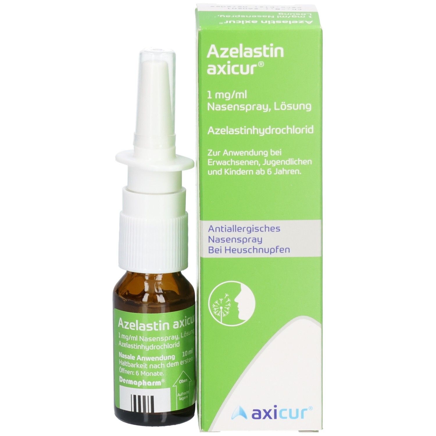 Azelastin axicur Nasenspray und Verpackung. Grüne Schachtel mit weißem Nasenspray-Fläschchen.