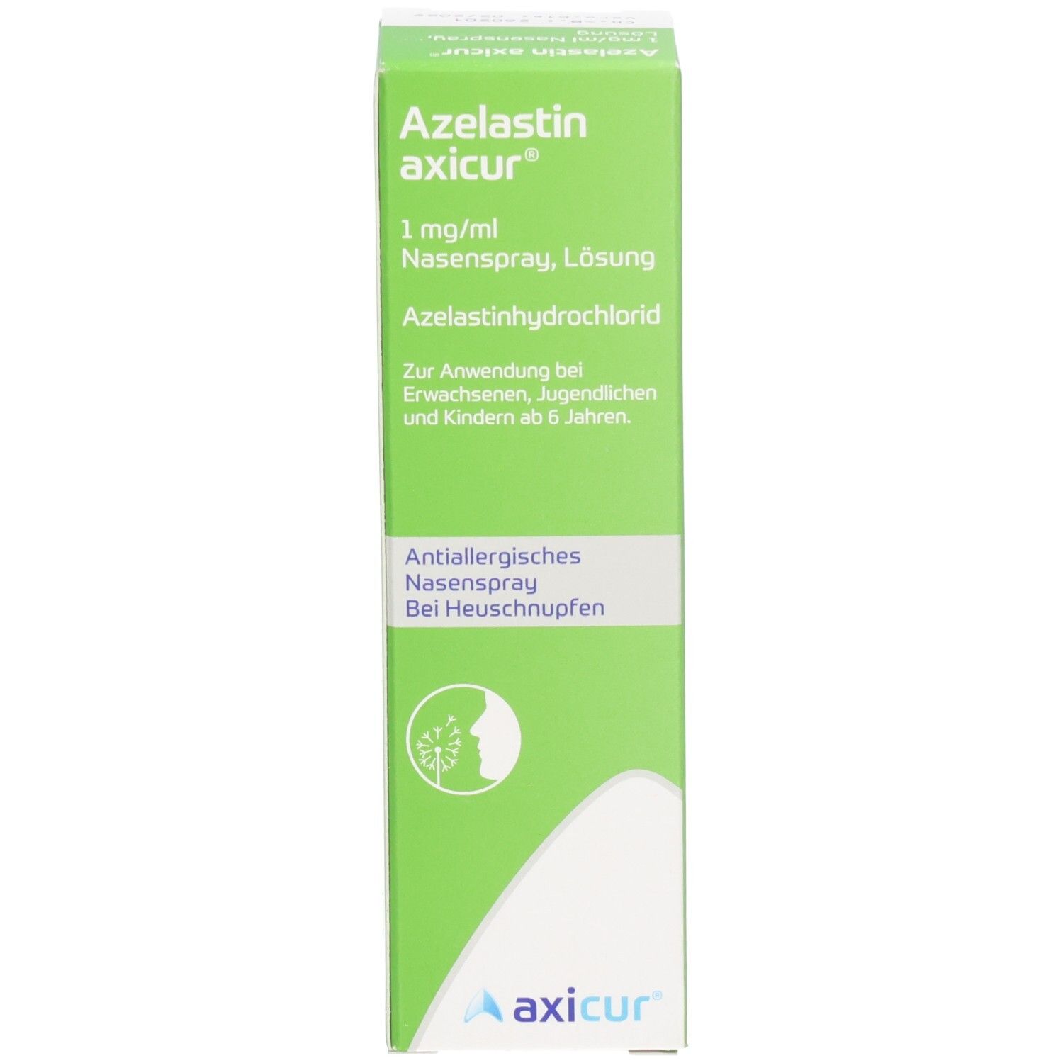 Grüne Schachtel mit Aufschrift: Azelastin axicur, 1 mg/ml Nasenspray Lösung. Text und Logo.