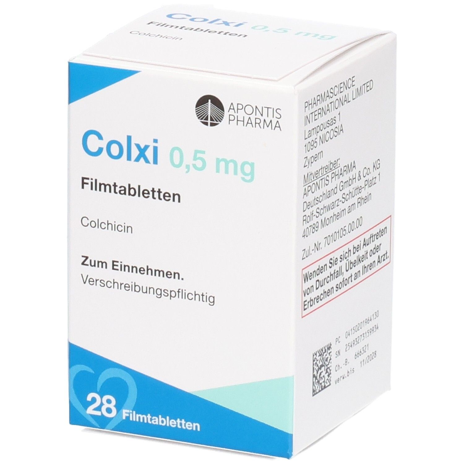 Weiße Faltschachtel mit blauen Akzenten. Aufdruck: Colxi 0,5 mg Filmtabletten, 28 Tabletten. Apothekenpflichtig.