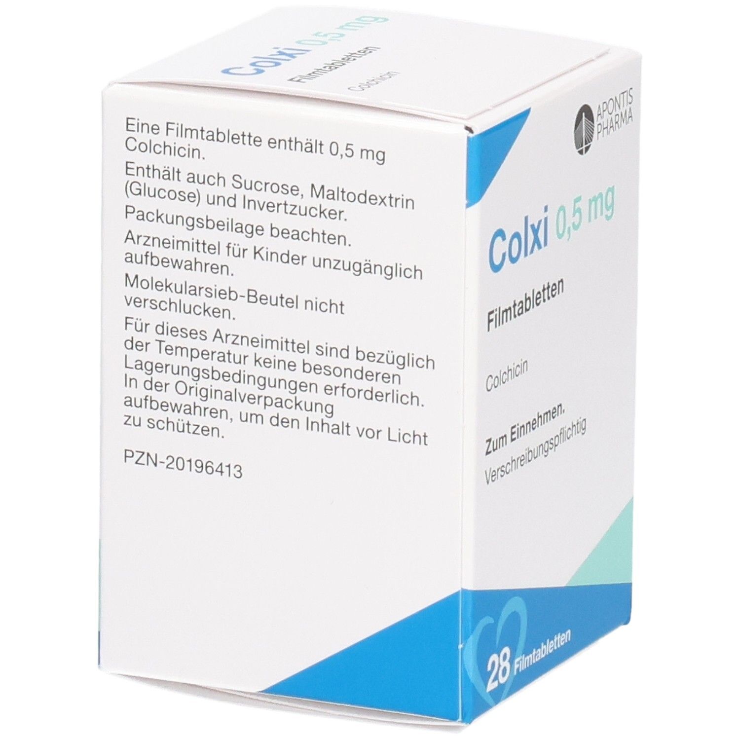 Weiße Faltschachtel mit Text. Aufdruck: Colxi 0,5 mg Filmtabletten. Enthält Colchicin. 28 Filmtabletten. Apothekenpflichtig.