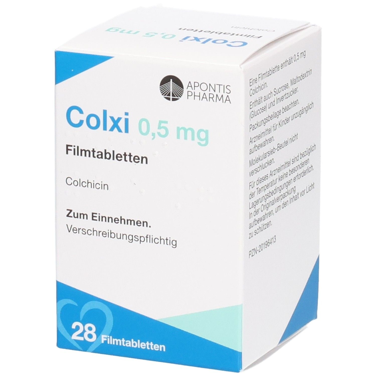 Weiße Faltschachtel mit Text. Aufdruck: Colxi 0,5 mg Filmtabletten. Enthält Colchicin. 28 Filmtabletten. Apothekenpflichtig.