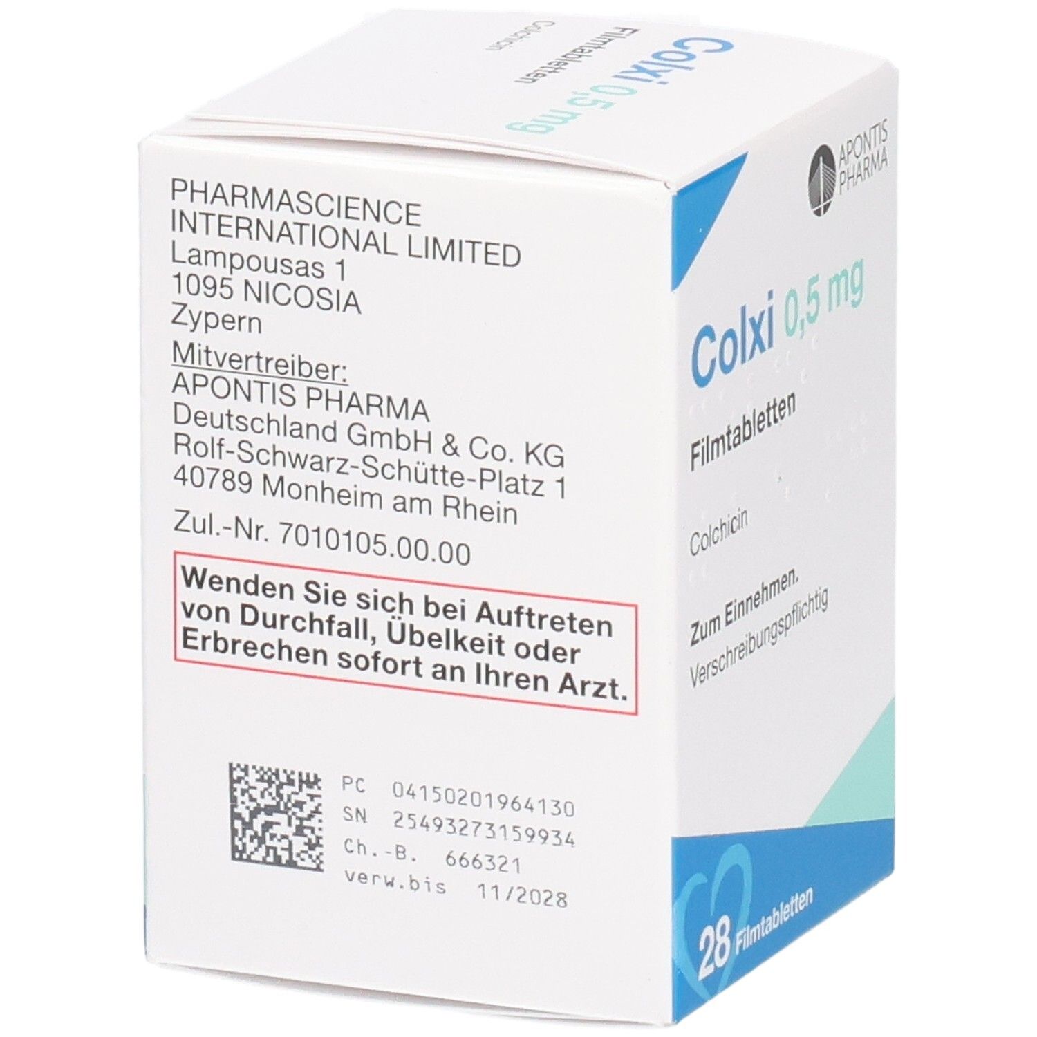 Weiße Faltschachtel mit Text. Aufdruck: Colxi 0,5 mg Filmtabletten. 28 Filmtabletten. Apothekenpflichtig. Herstellerinformationen.