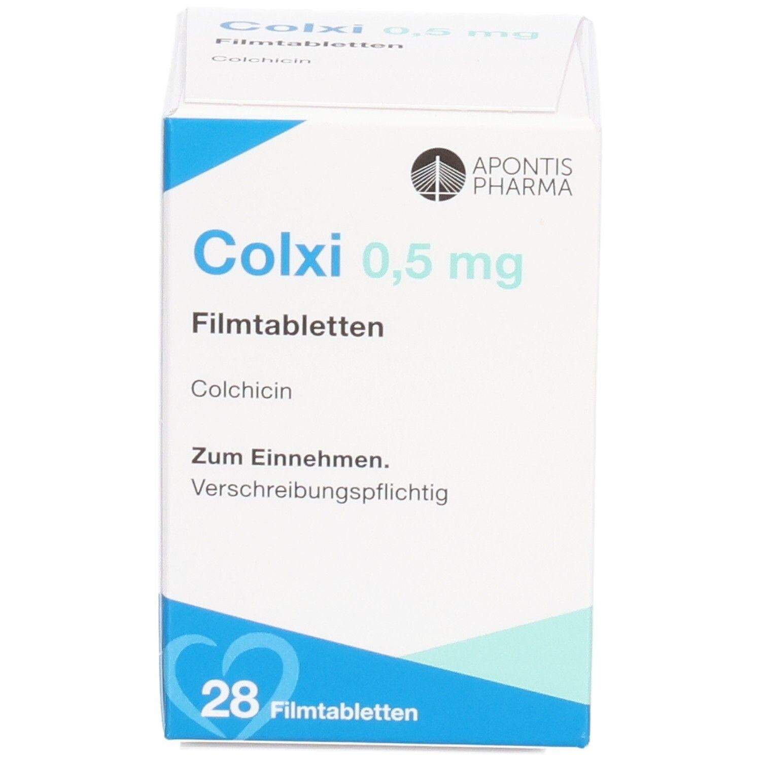 Weiße Faltschachtel mit blauen Akzenten. Aufdruck: Colxi 0,5 mg Filmtabletten, 28 Tabletten. Apothekenpflichtig.
