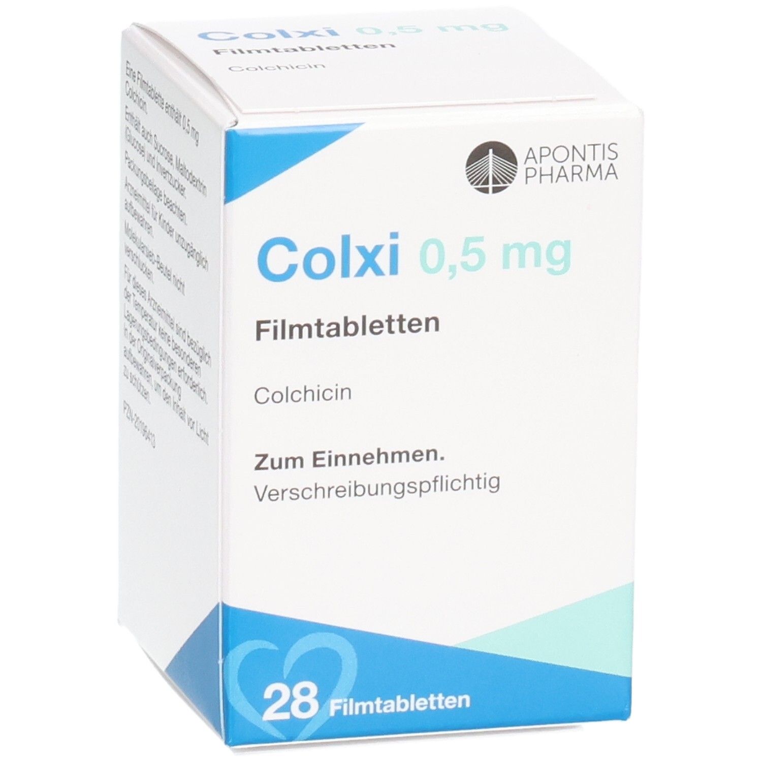 Weiße Faltschachtel mit Text. Aufdruck: Colxi 0,5 mg Filmtabletten. Enthält Colchicin. 28 Filmtabletten. Apothekenpflichtig.