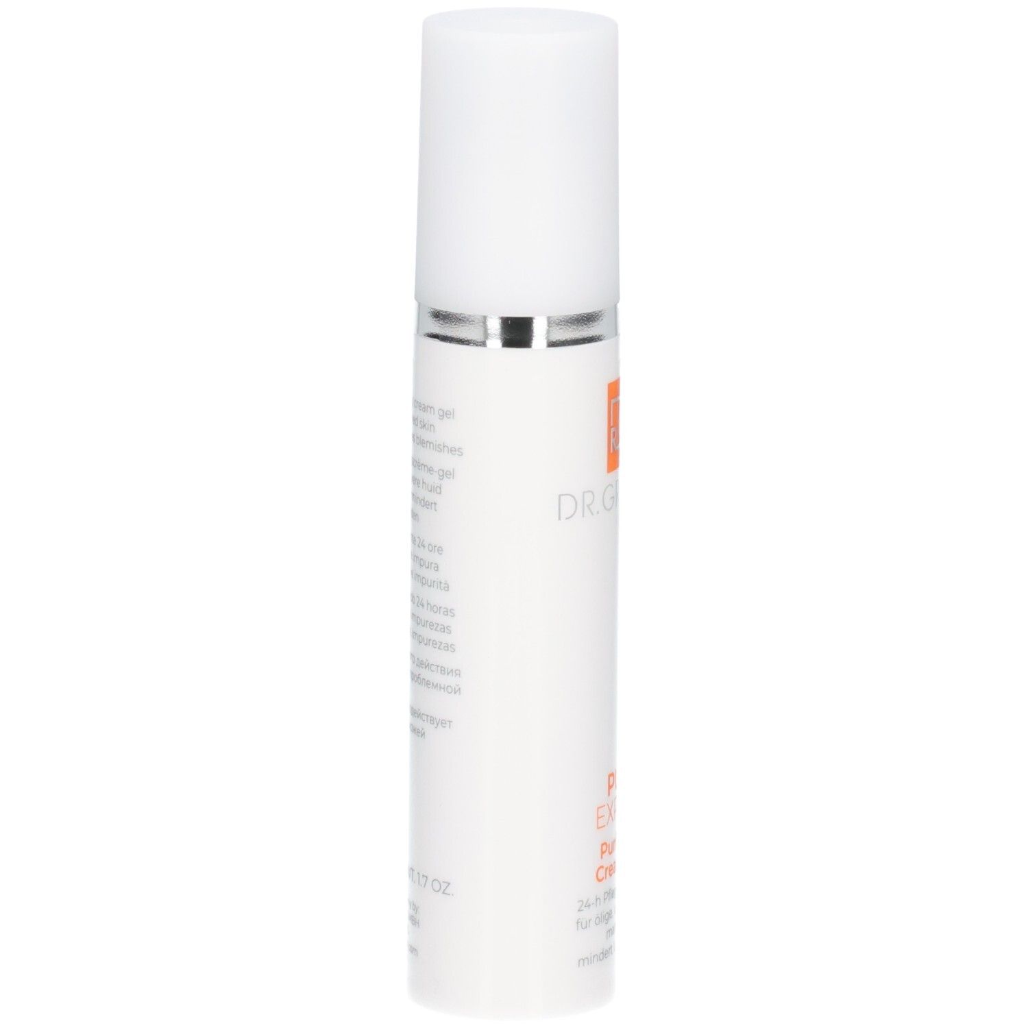 Dr. Grandel Puri Expert Purifying Cream Gel Spenderflasche, Seitenansicht mit Text.