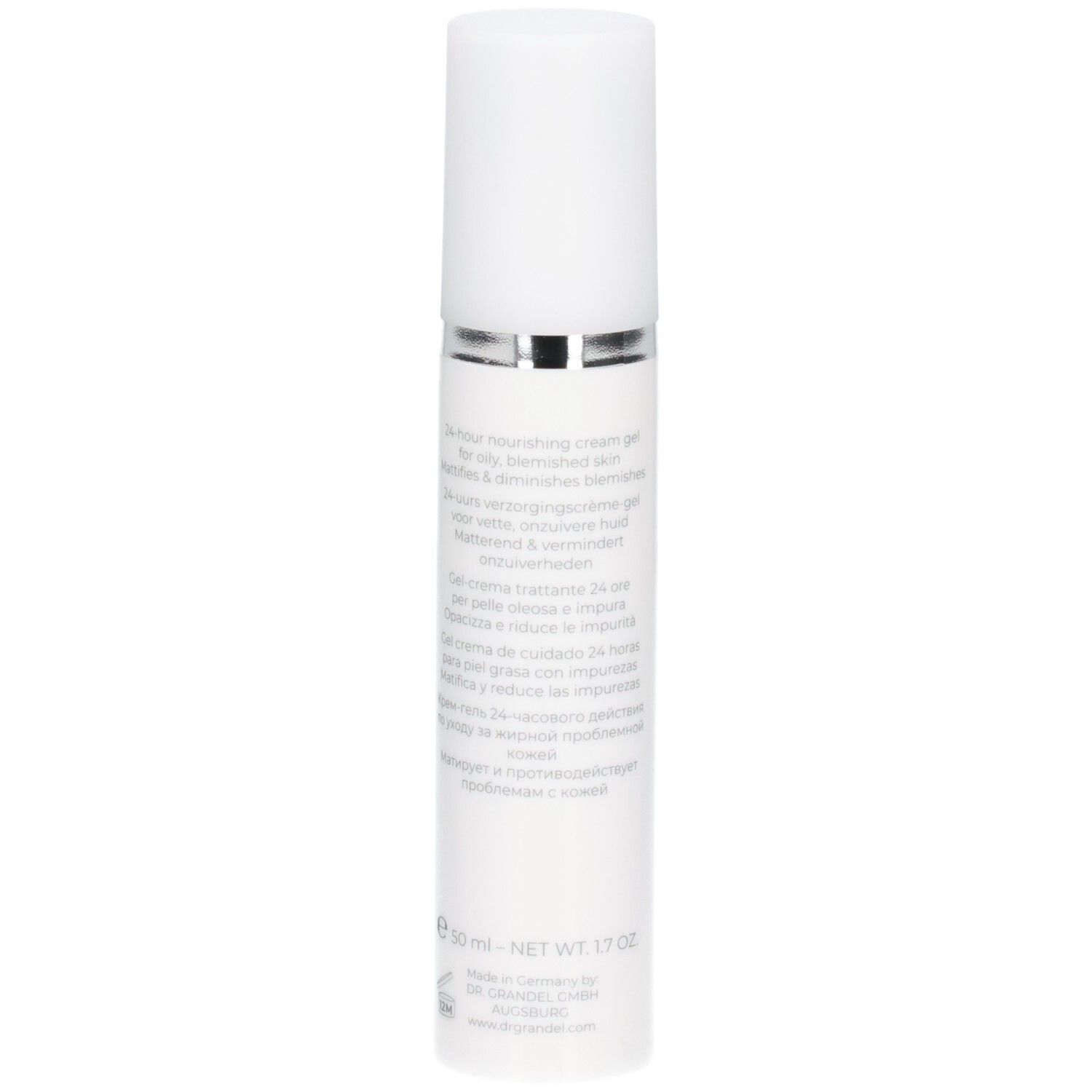 Dr. Grandel Puri Expert Purifying Cream Gel Spenderflasche, Rückseite mit Produktinformationen.