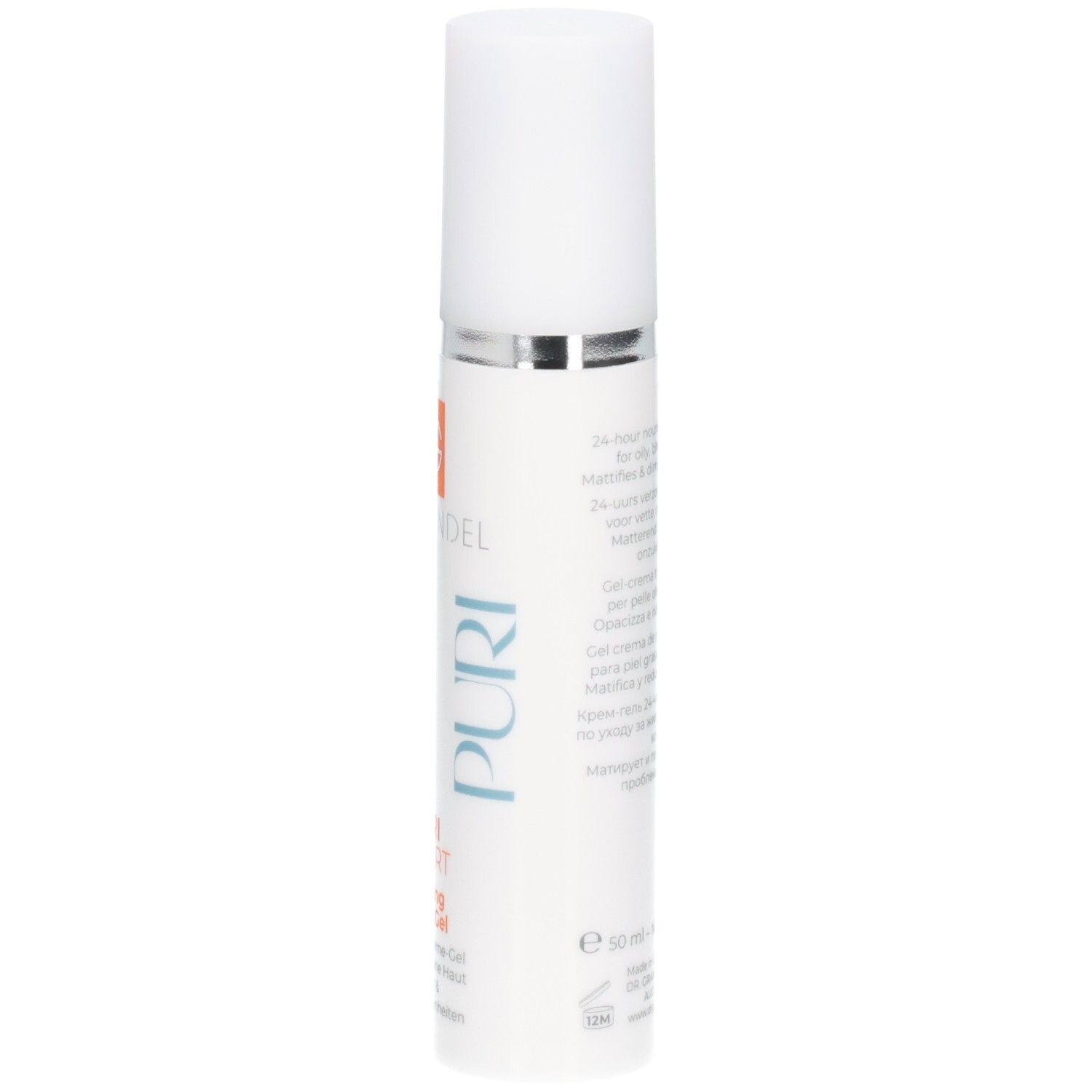 Dr. Grandel Puri Expert Purifying Cream Gel Spenderflasche, Seitenansicht mit Text.