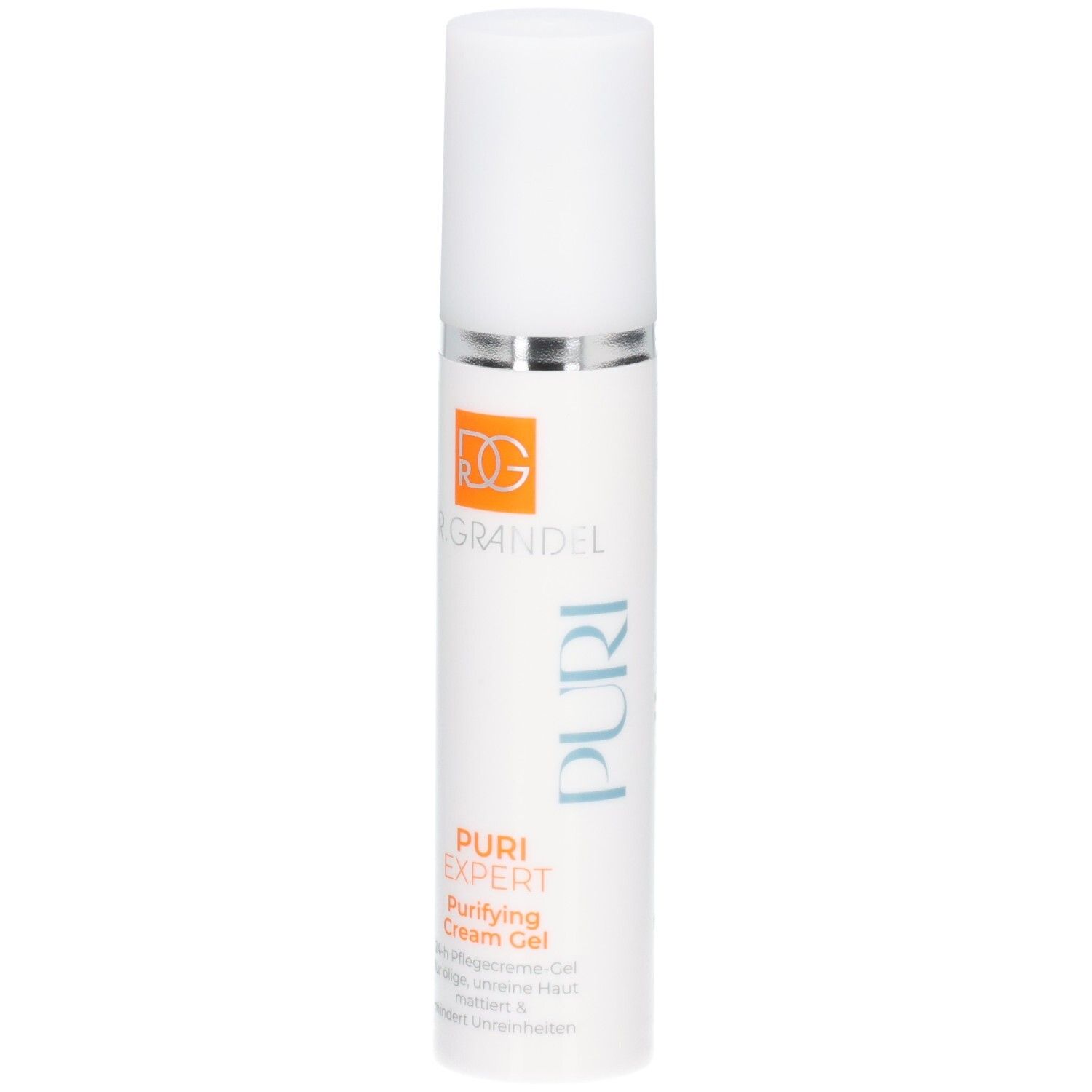 Dr. Grandel Puri Expert Purifying Cream Gel Spenderflasche mit silbernem Ring und weißem Verschluss.