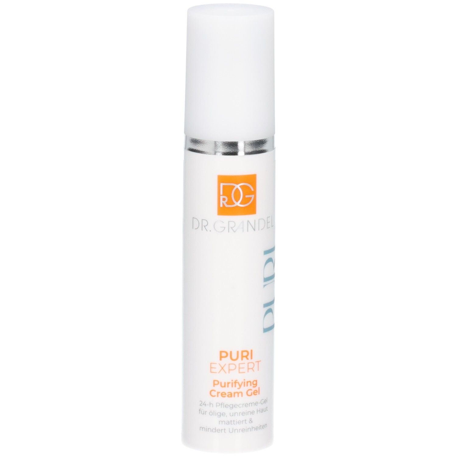 Dr. Grandel Puri Expert Purifying Cream Gel Spenderflasche mit silbernem Ring und weißem Verschluss.