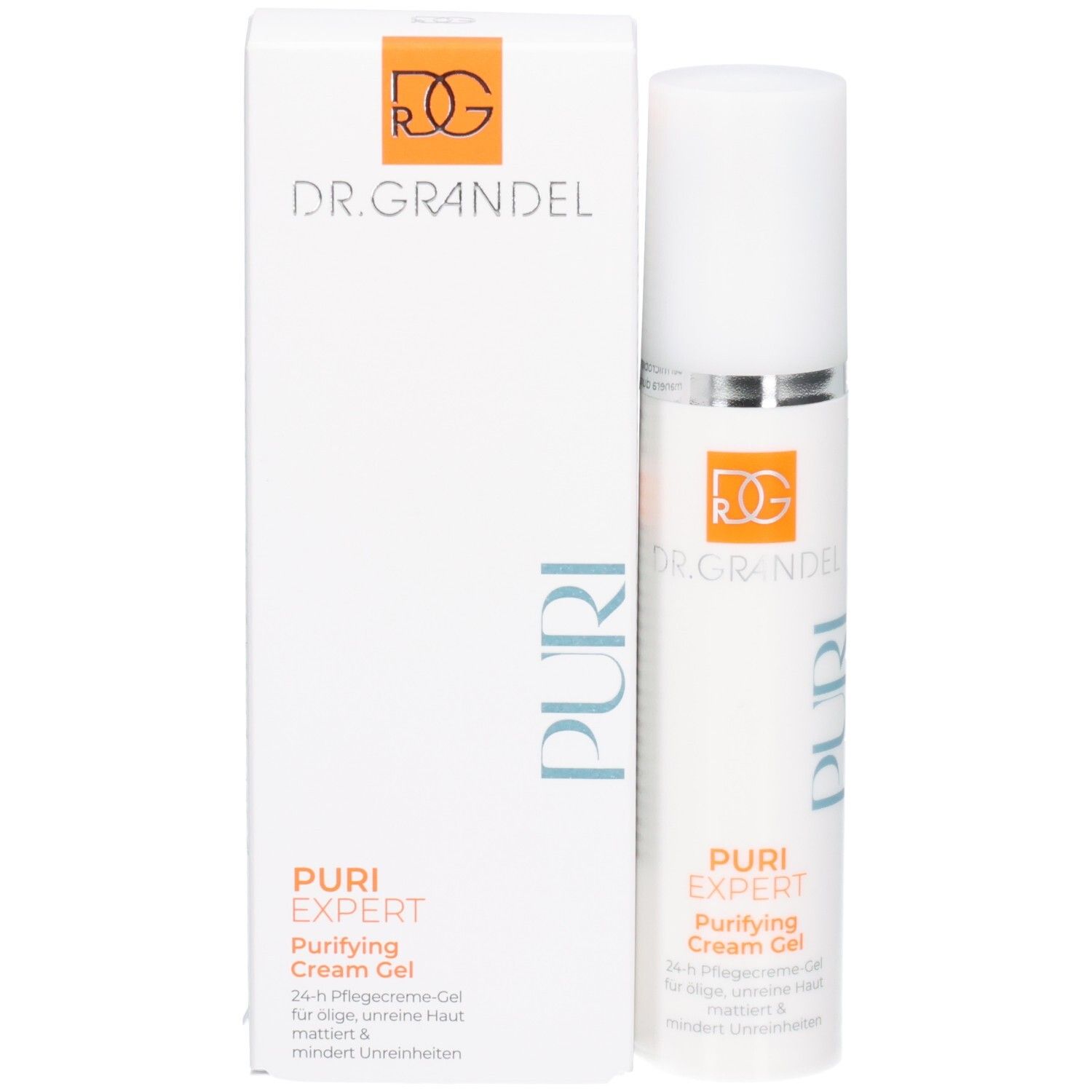 Dr. Grandel Puri Expert Purifying Cream Gel Spenderflasche und Verpackung.