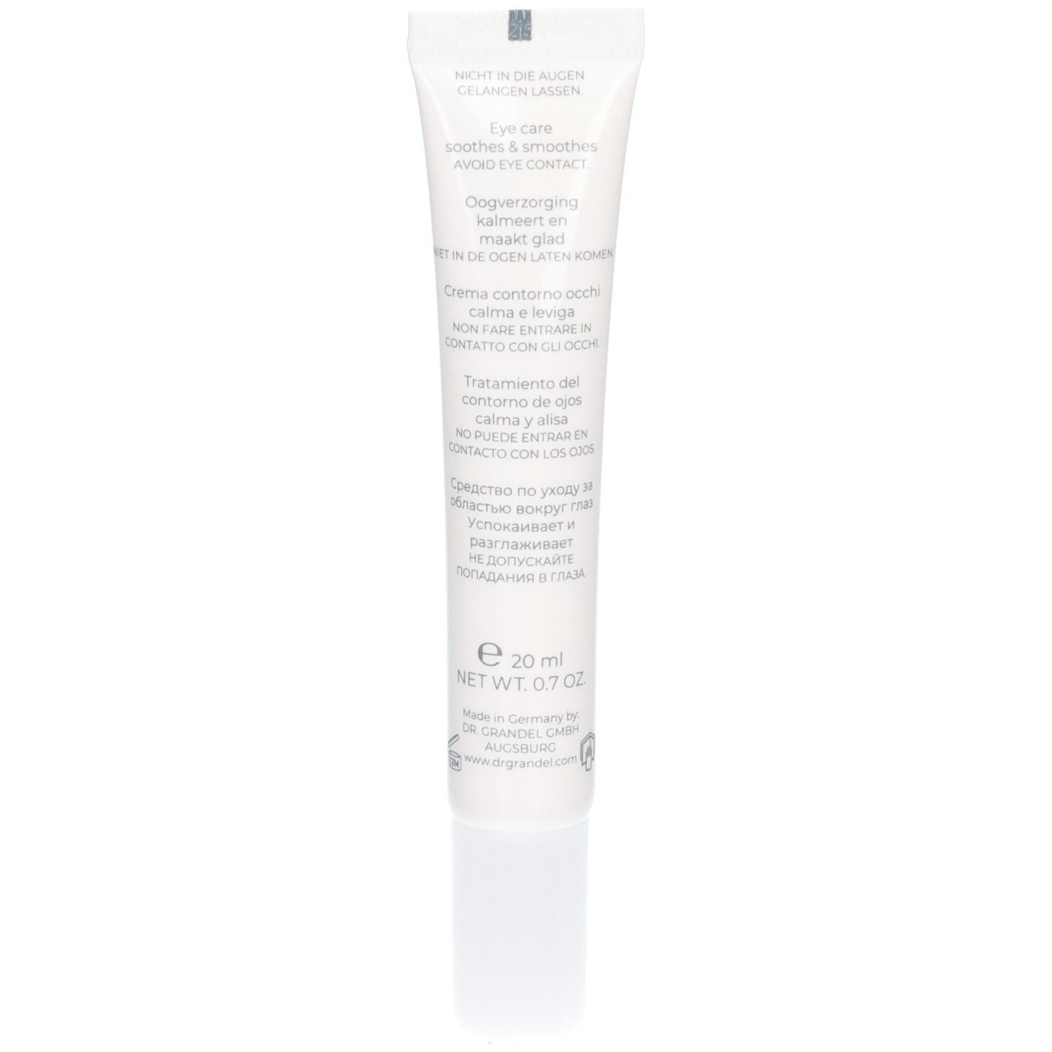 Rückseite der Dr. Grandel Sensi Expert Eye Cream Tube mit Produktinformationen