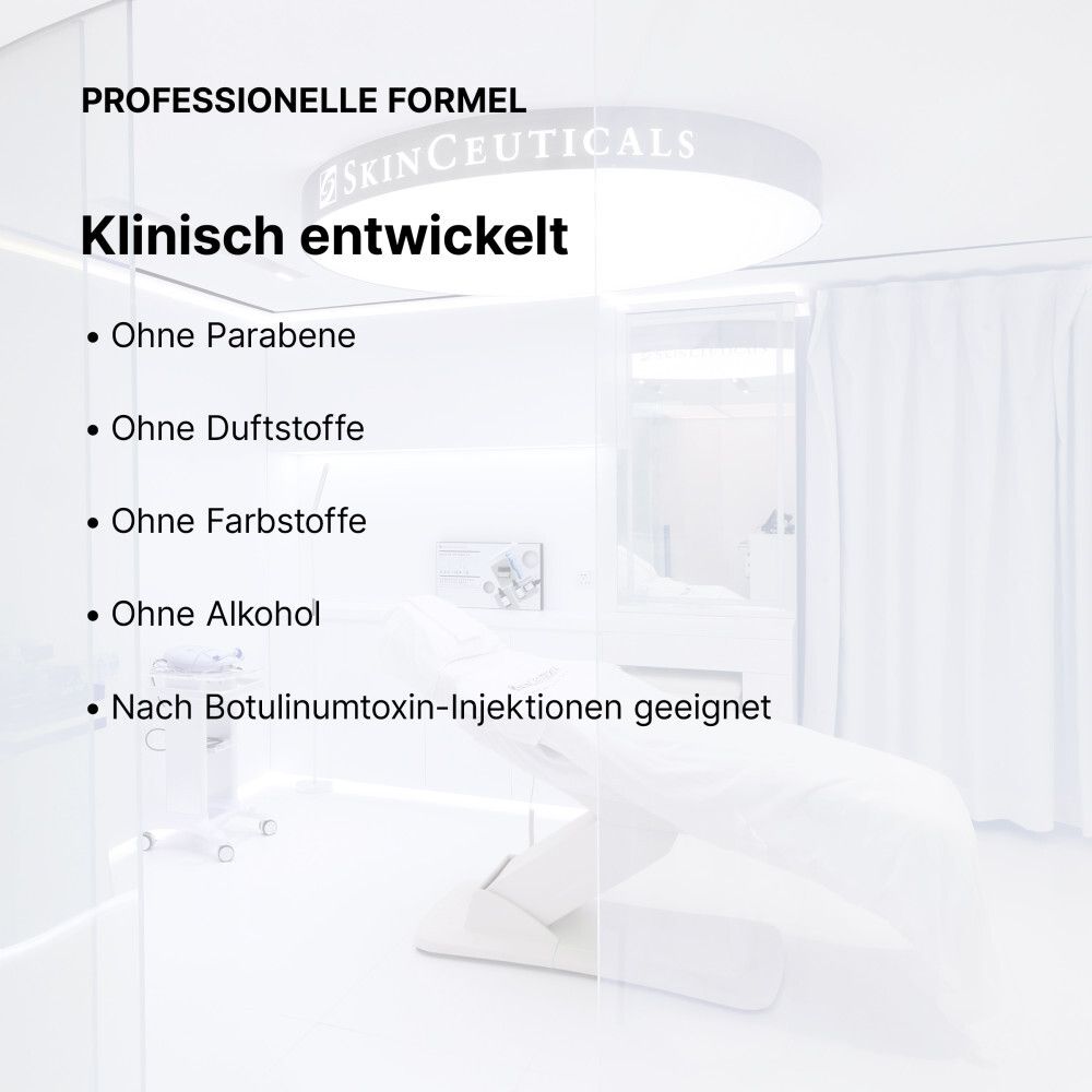 Klinisch entwickelt: Ohne Parabene, Duftstoffe, Farbstoffe, Alkohol. Nach Botulinumtoxin-Injektionen geeignet.