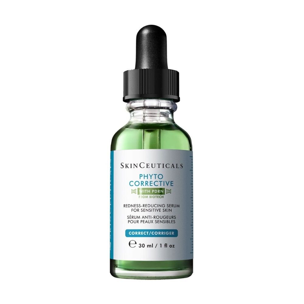 Grüne Serumflasche mit Pipettenverschluss. Etikett zeigt 'SkinCeuticals Phyto Corrective'.